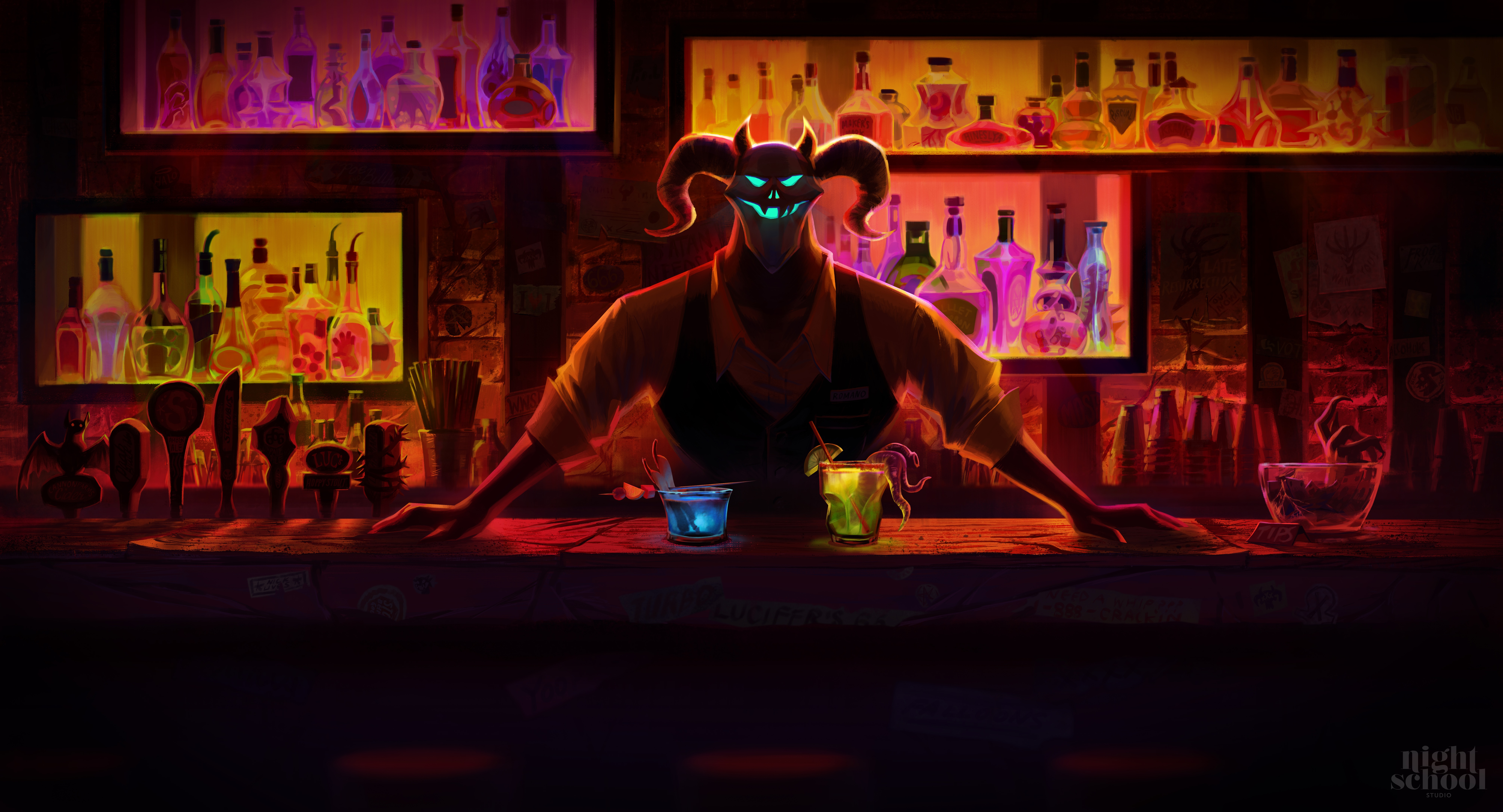 Demon bartender at a bar with colorful bottles HD Wallpaper