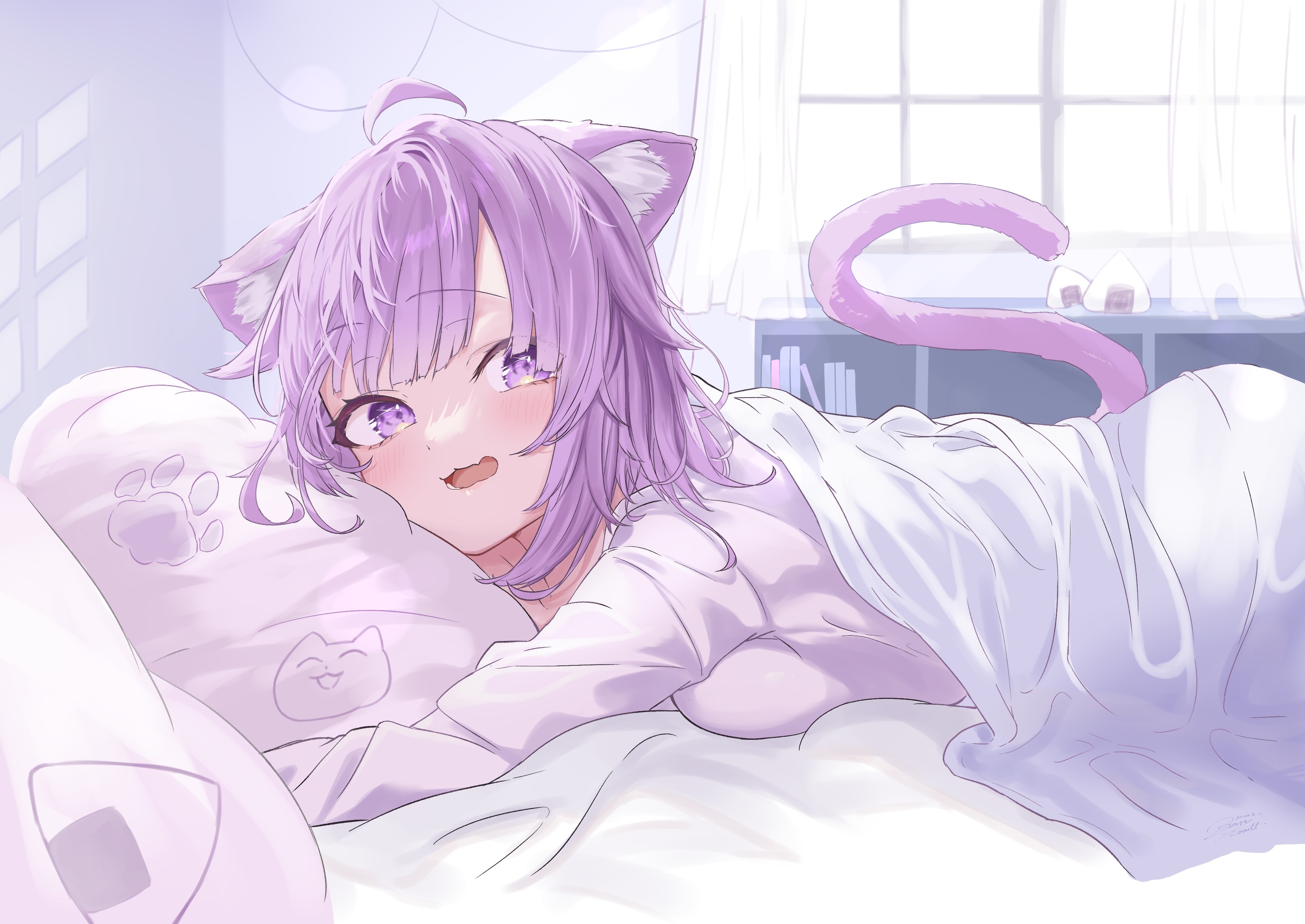 Anime girl with purple hair and cat ears in bed HD Wallpaper
