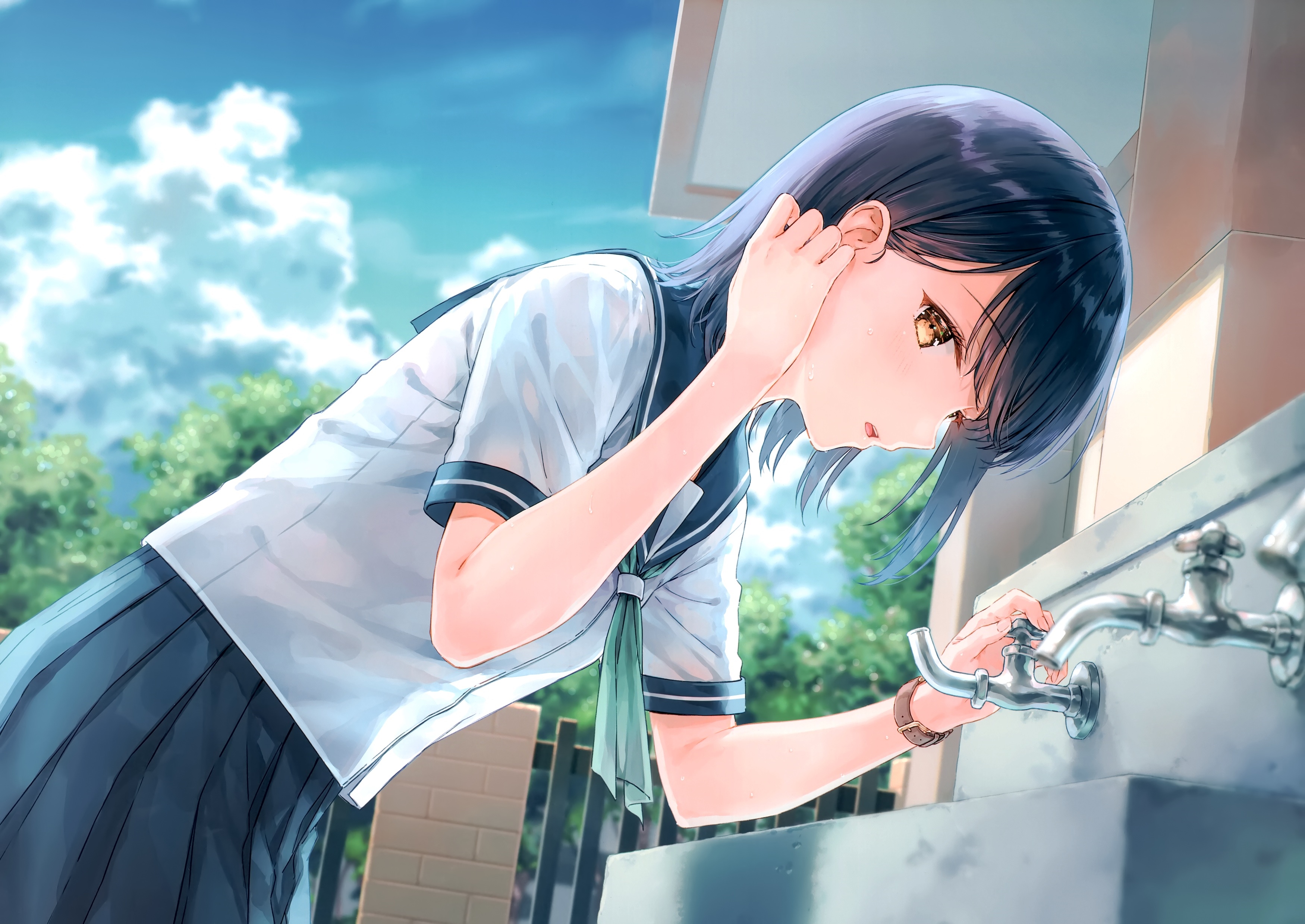 Anime schoolgirl at a water fountain HD Wallpaper