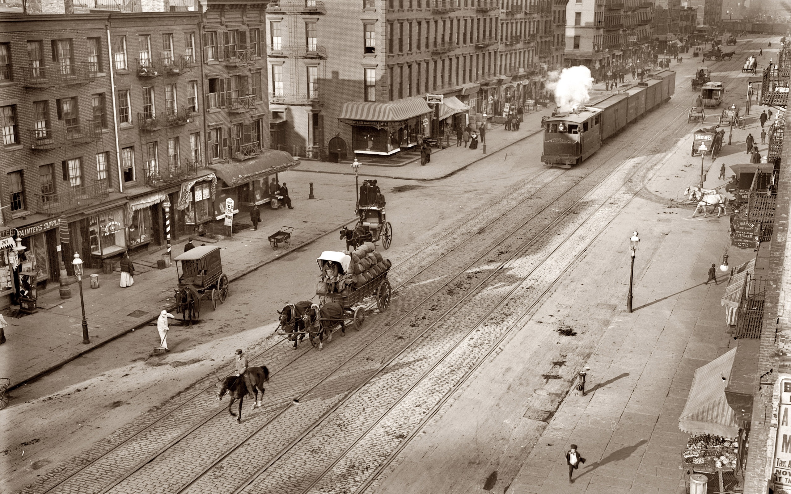 New York City street scene with horse-drawn carts and a tram HD Wallpaper