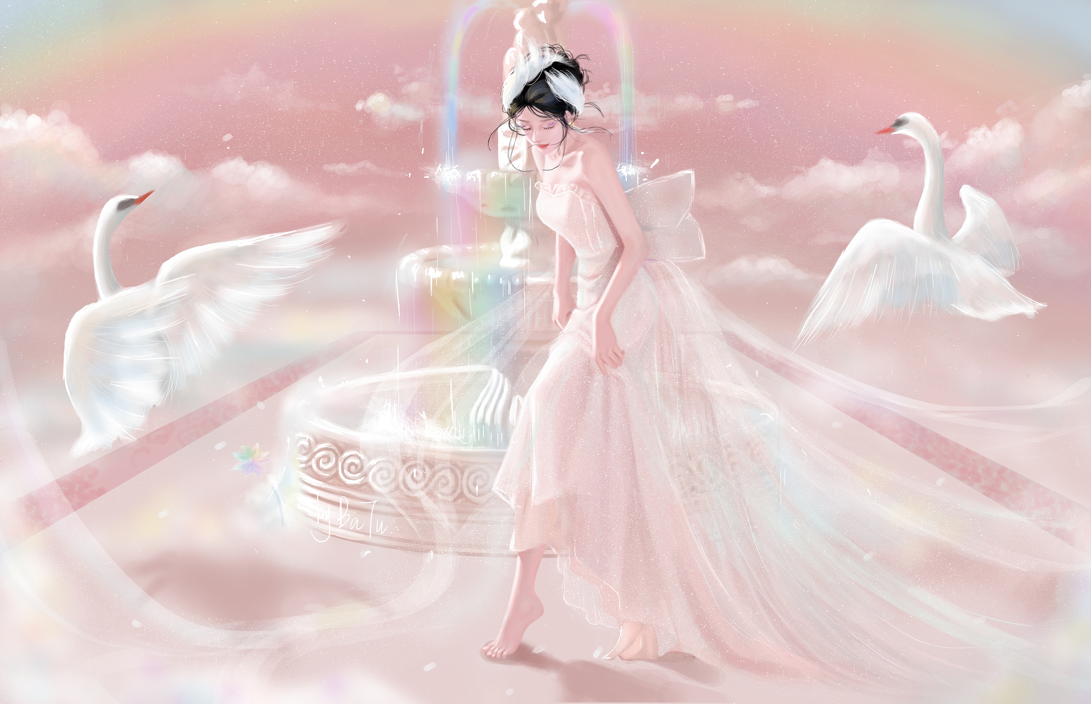 Woman in a pink dress with swans and a fountain HD Wallpaper