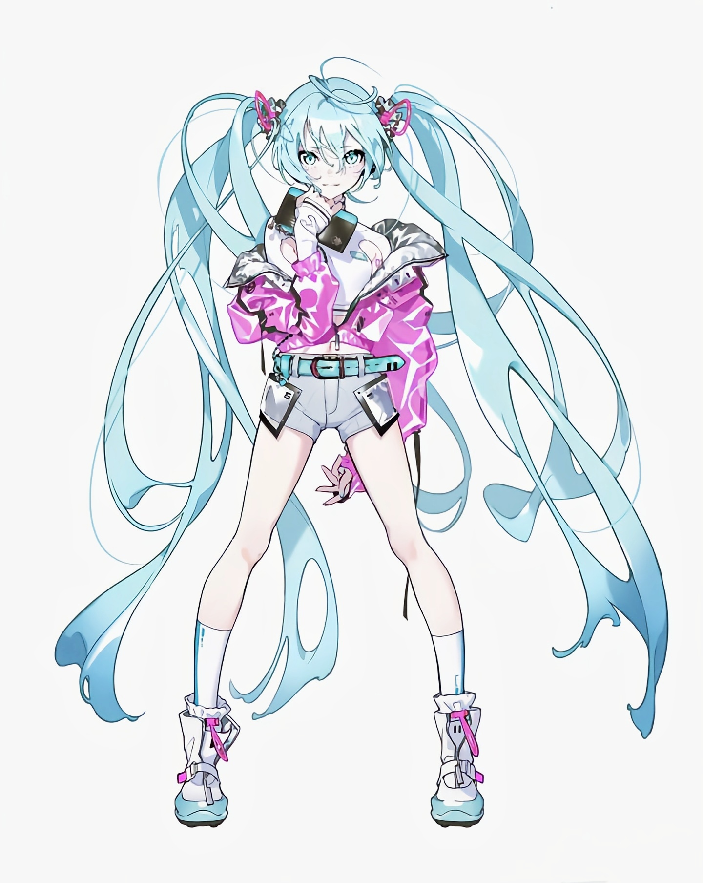 Hatsune Miku in a pink jacket and shorts HD Phone Wallpaper