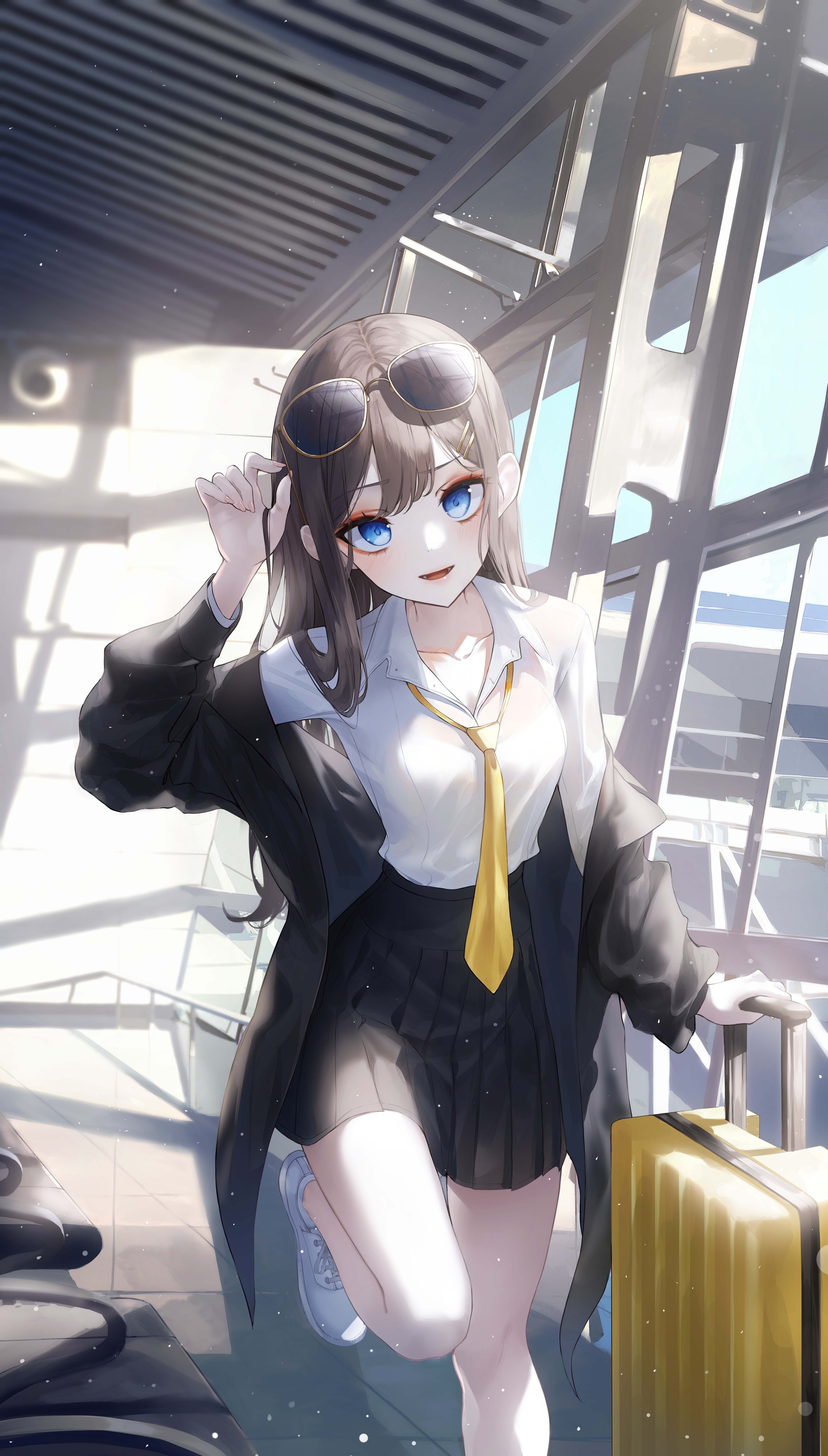 Anime girl with sunglasses at airport HD Phone Wallpaper