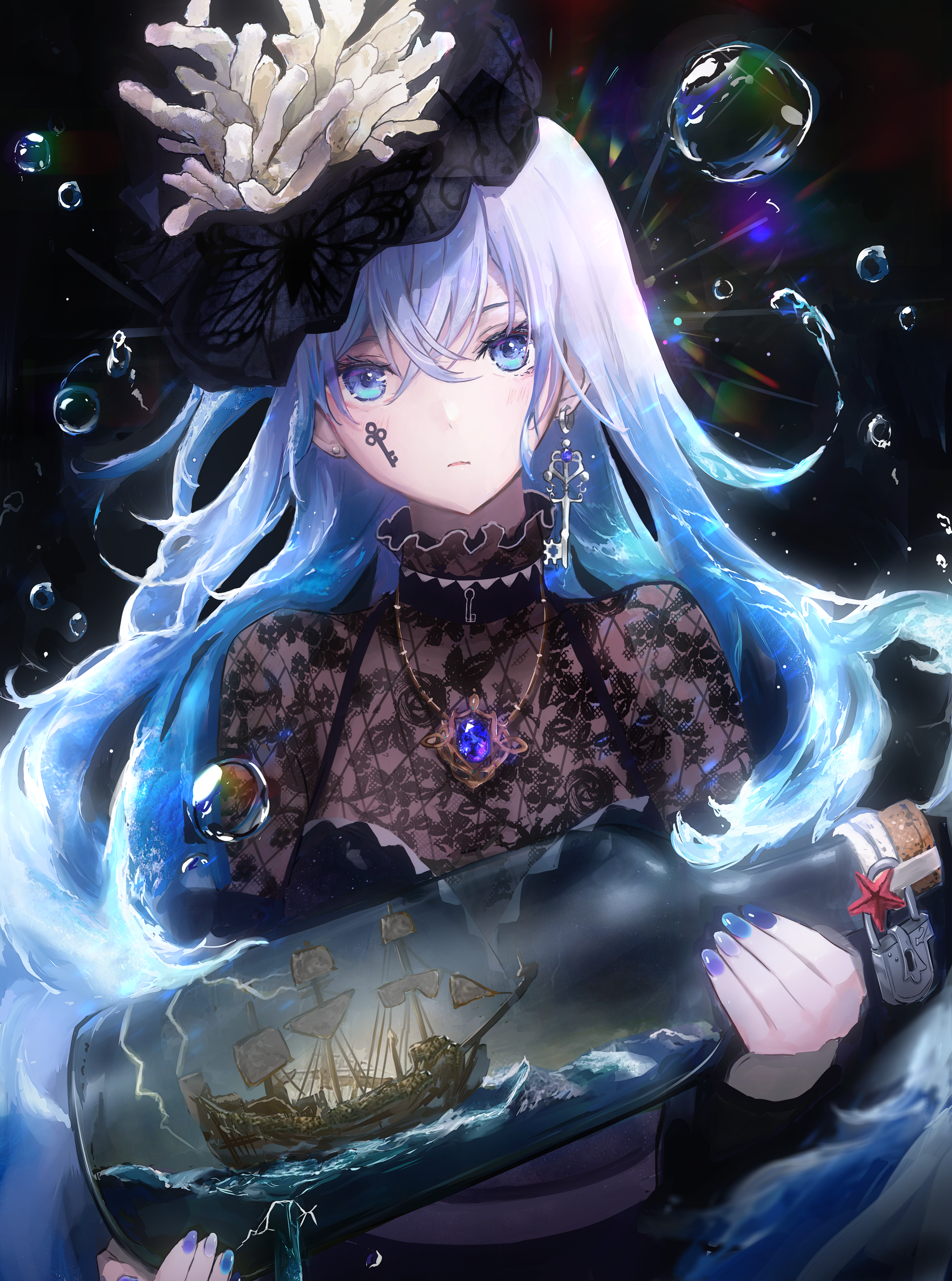 Anime girl with blue hair holding a ship in a bottle HD Phone Wallpaper