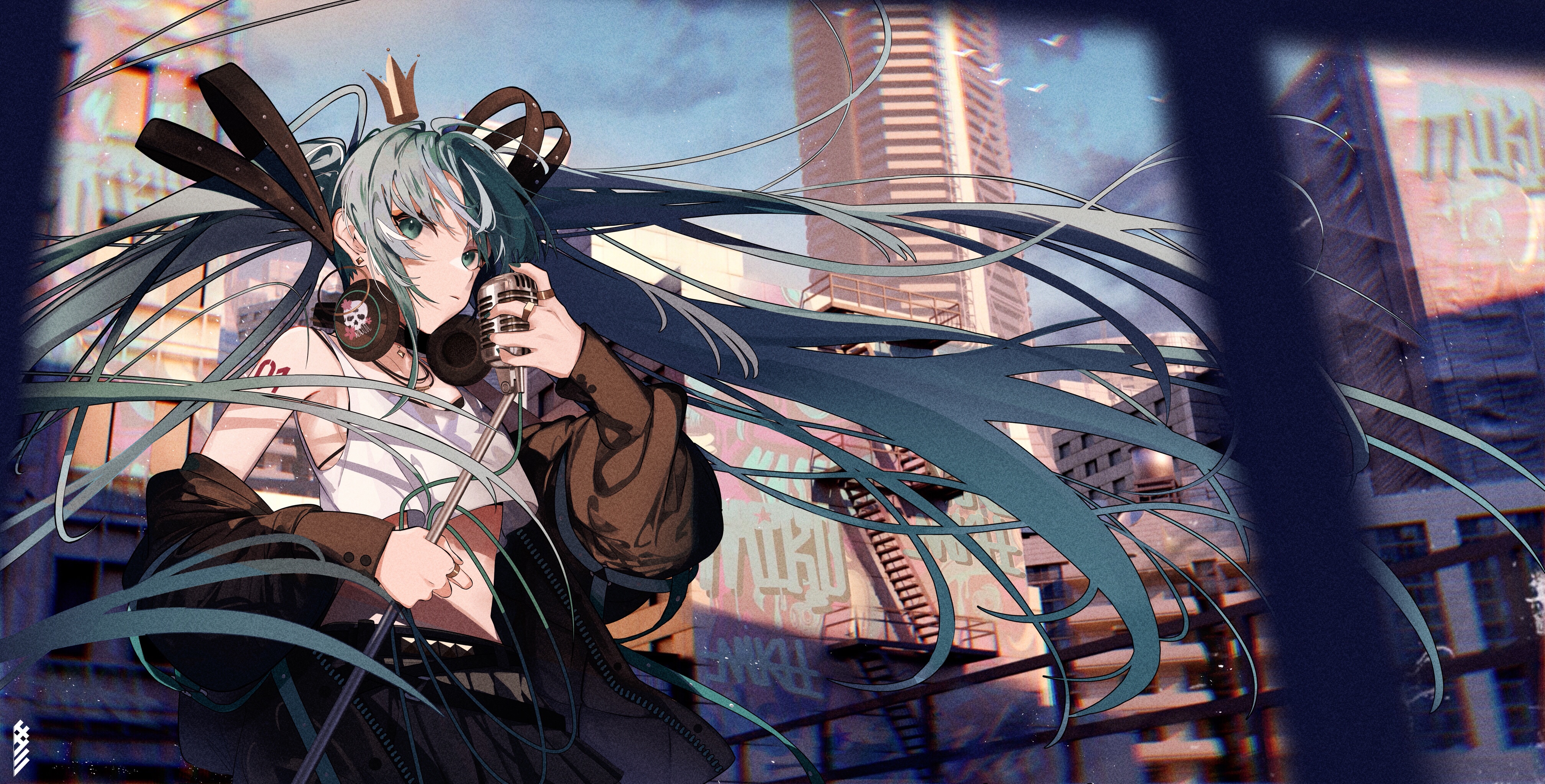 4K Hatsune Miku singing with headphones and microphone HD Wallpaper