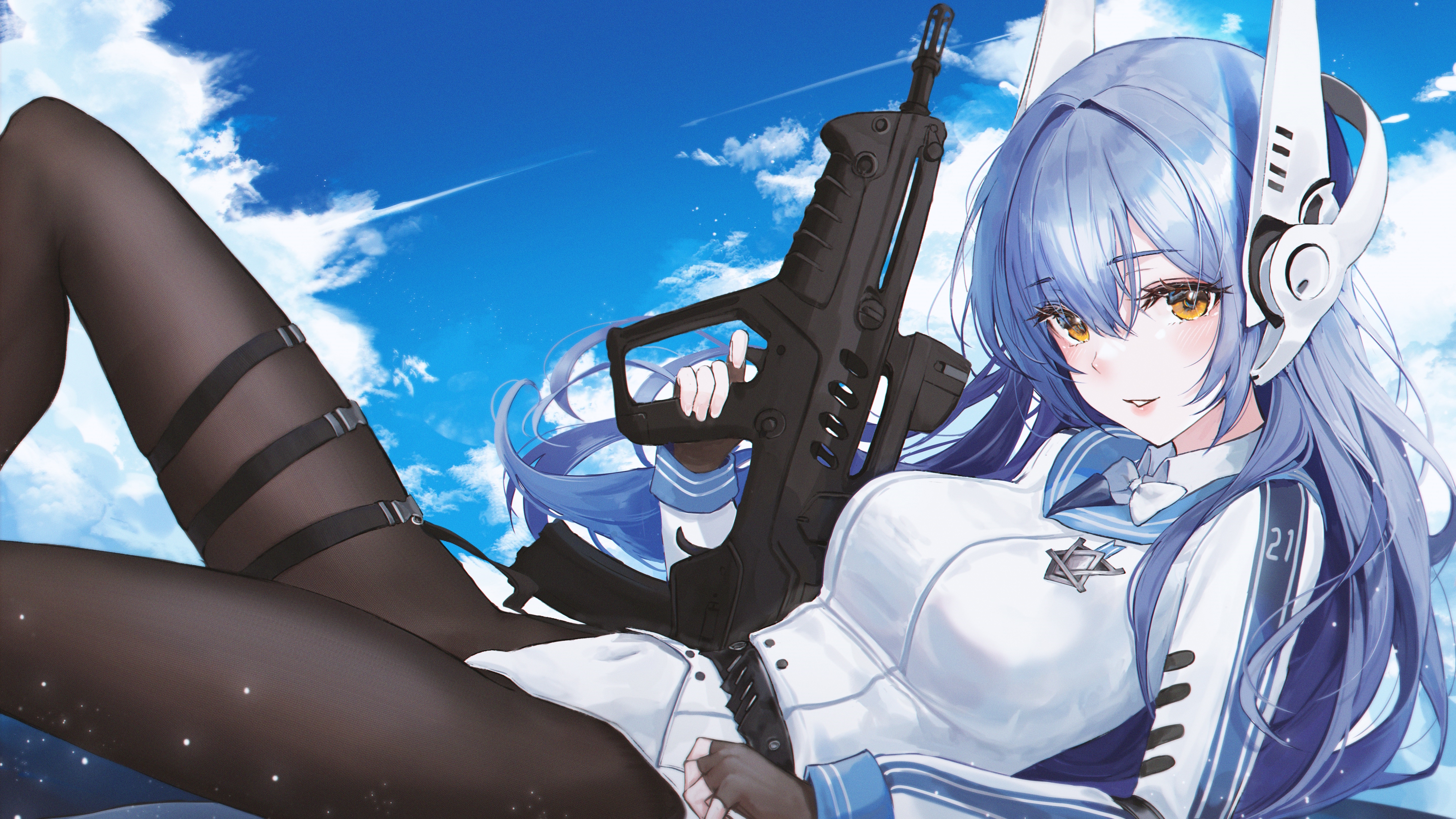 Girl with blue hair holding a gun HD Wallpaper