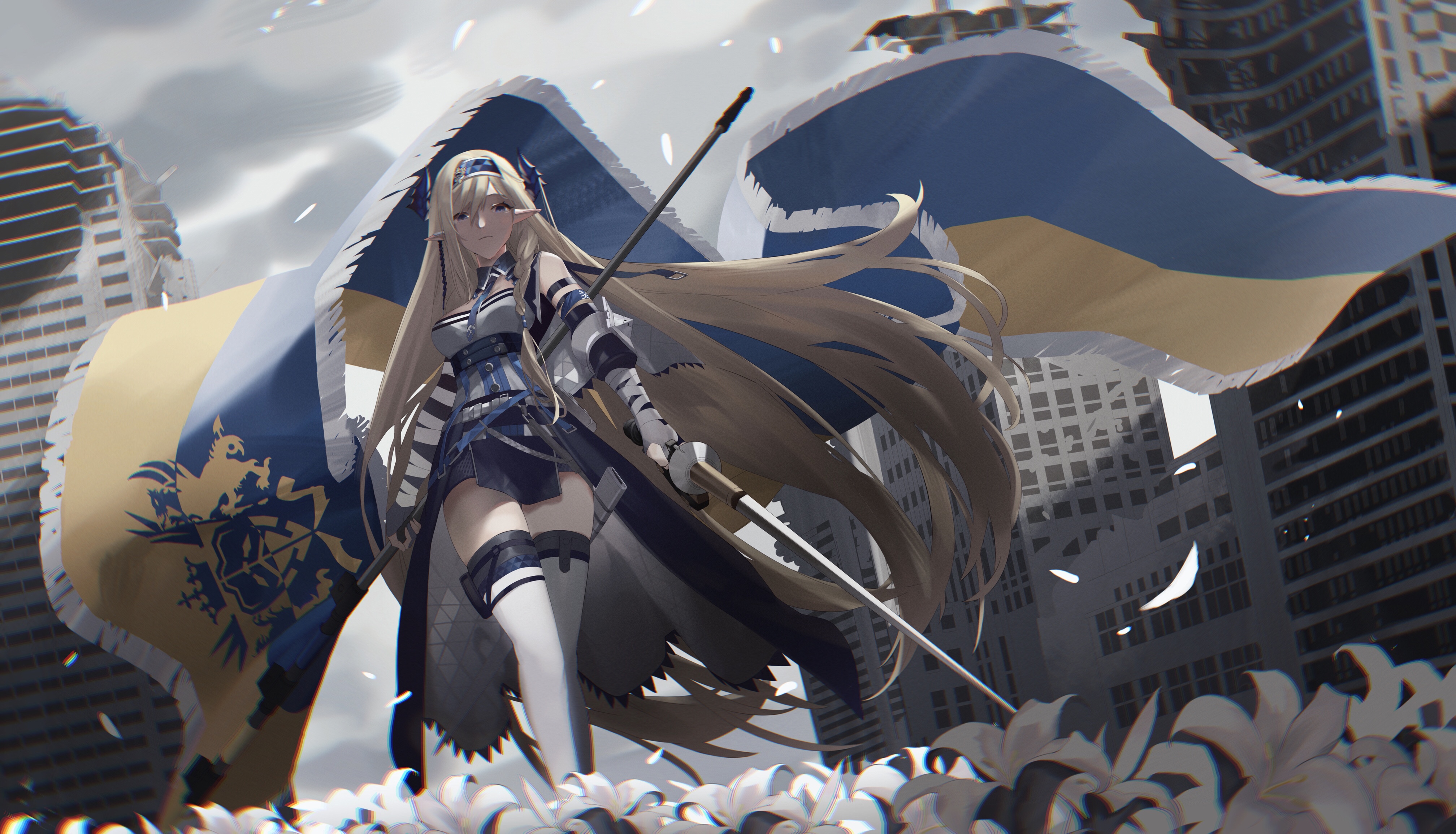 Arknights blonde girl with flag and weapon HD Wallpaper