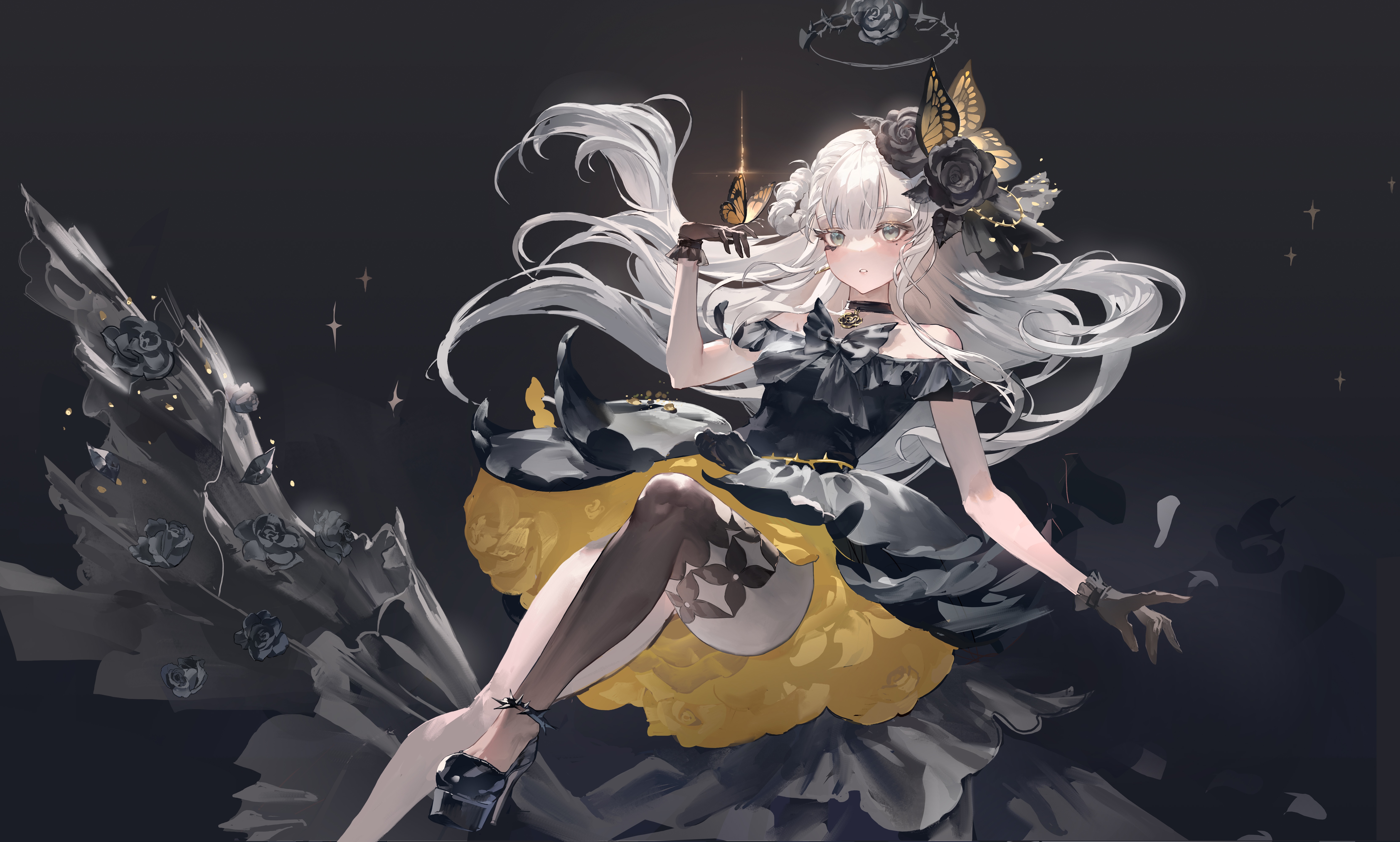 4K Anime Girl with Butterfly and Black Roses HD Wallpaper