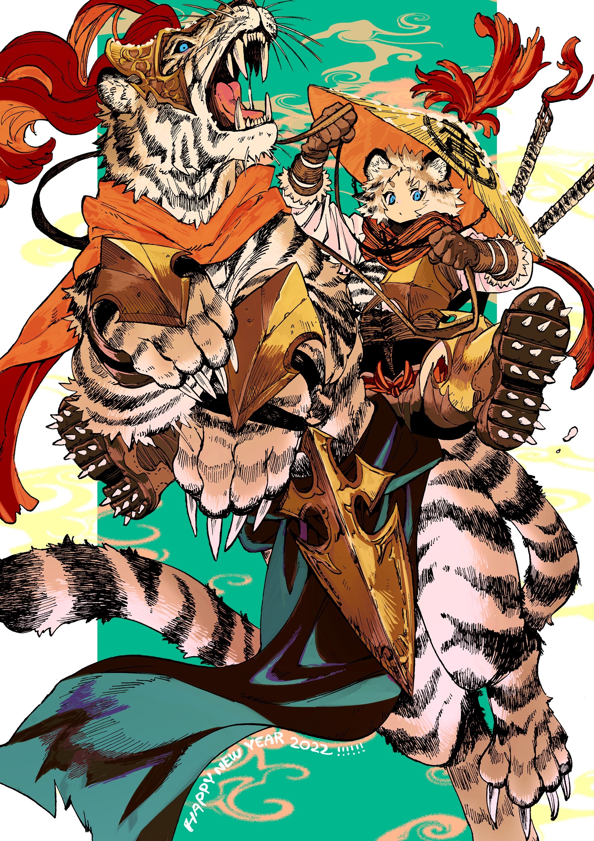 Tigers and a cat-eared person in armor HD Phone Wallpaper