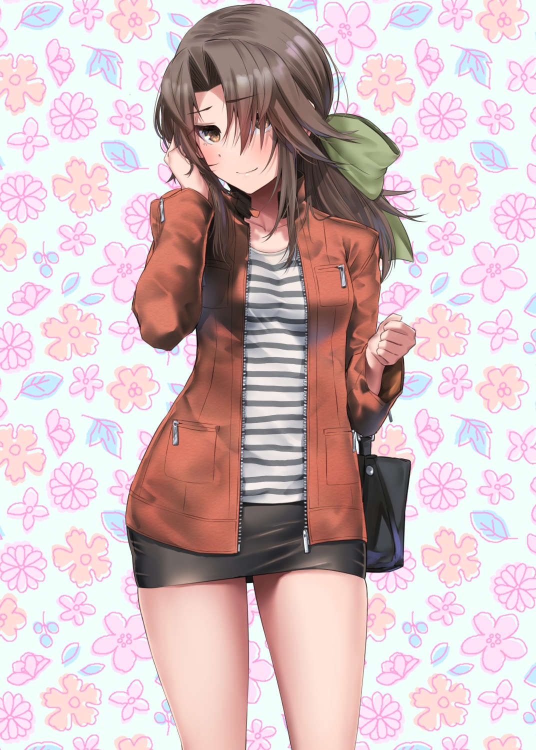 Jintsuu from Kantai Collection with a green bow HD Phone Wallpaper