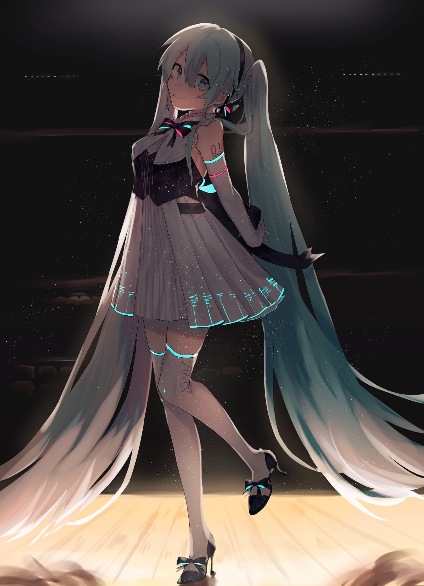 Hatsune Miku in a white dress on stage HD Phone Wallpaper