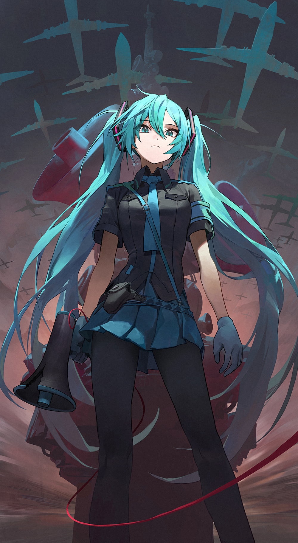 Hatsune Miku in a military-style outfit with airplanes in the background HD Phone Wallpaper