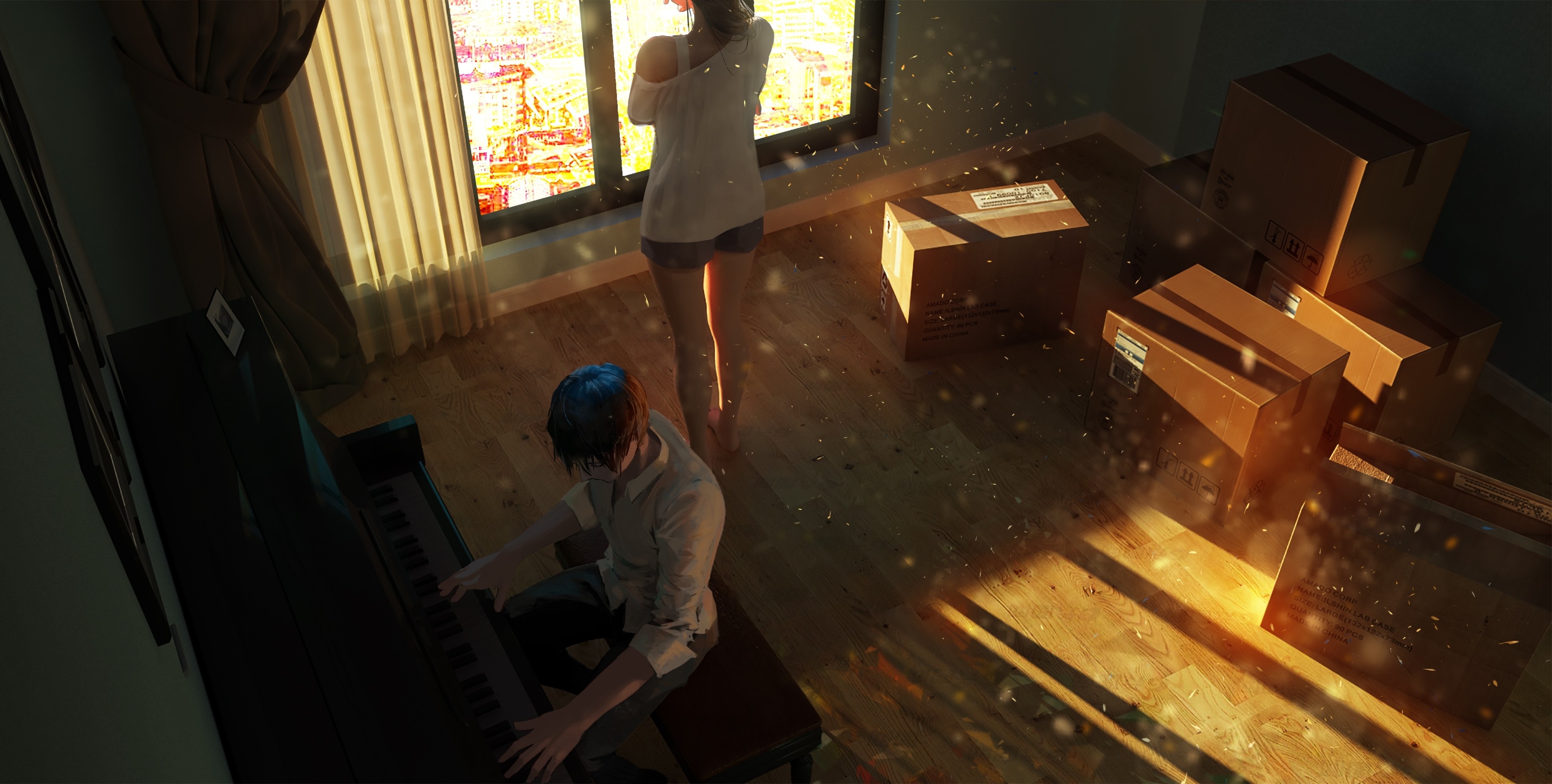 Anime artwork of a man playing piano and a woman by window HD Wallpaper