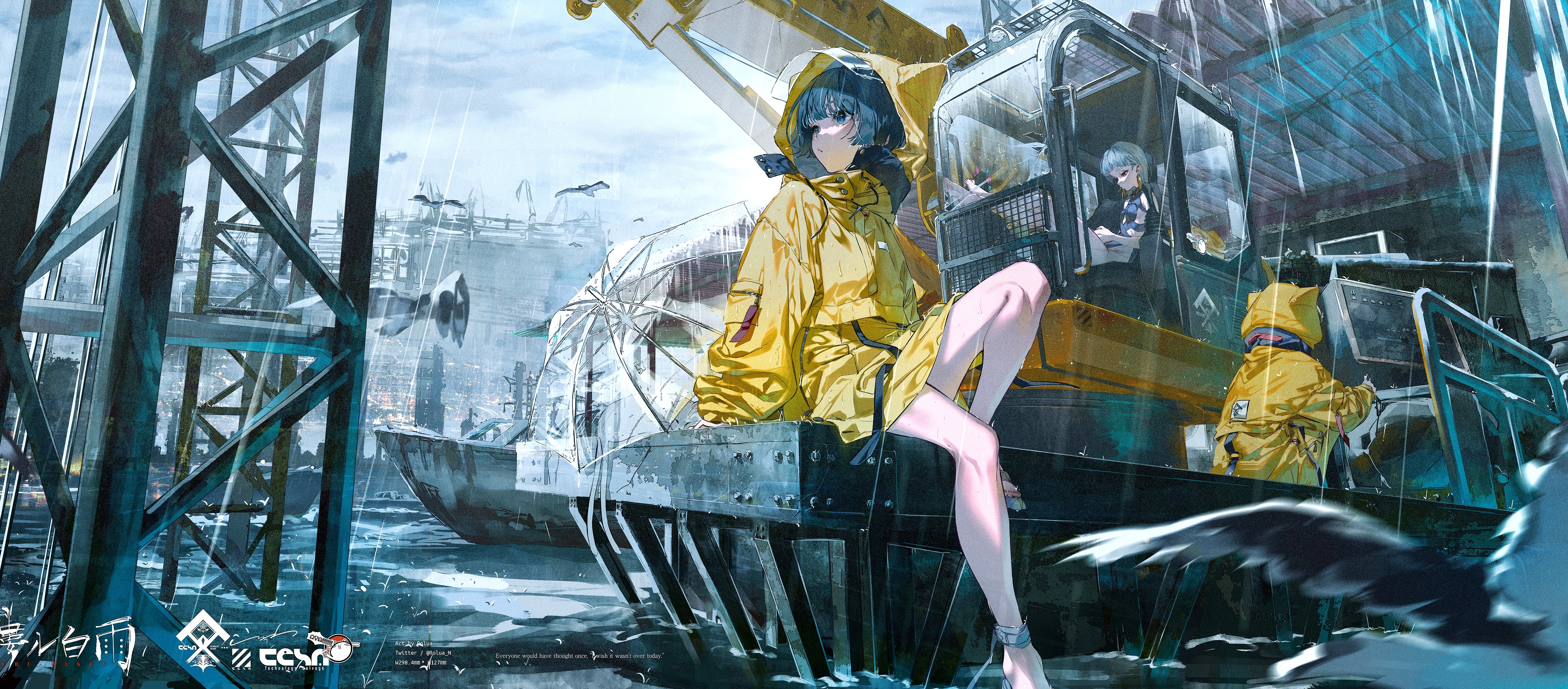 4K anime girls in yellow raincoats on a boat HD Wallpaper