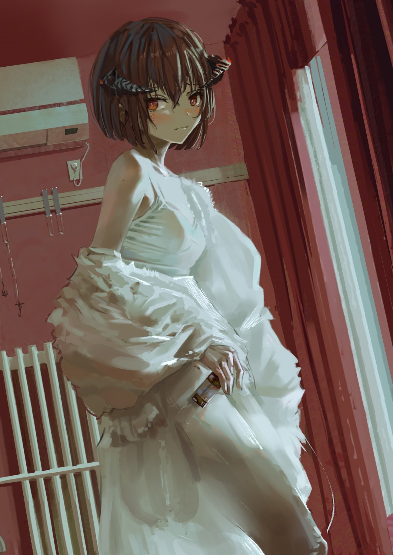 Anime girl in white dress with horns HD Phone Wallpaper
