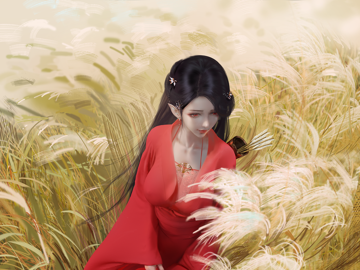 Fantasy girl with pointy ears and red eyes in a red kimono HD Wallpaper