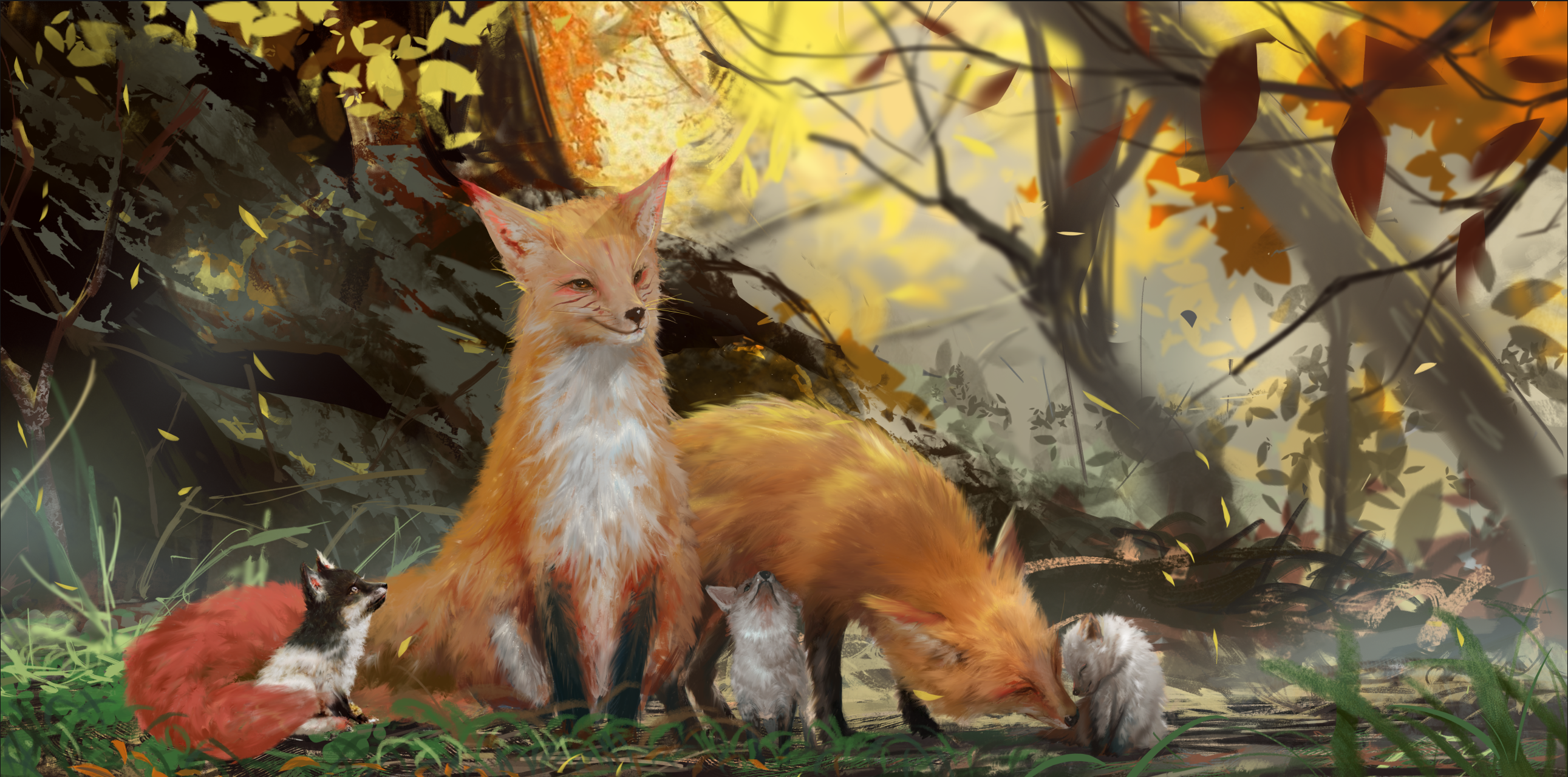 Ydiya Kai's fox family in an autumn forest HD Wallpaper