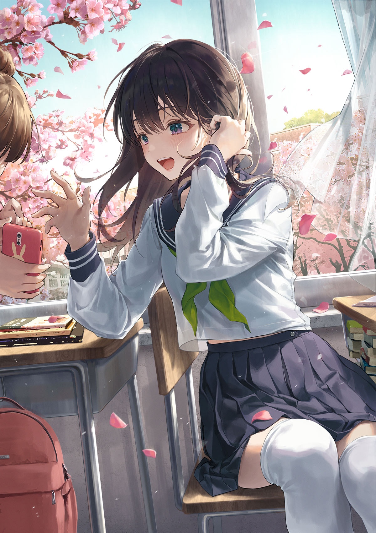 Schoolgirls under cherry blossoms HD Phone Wallpaper