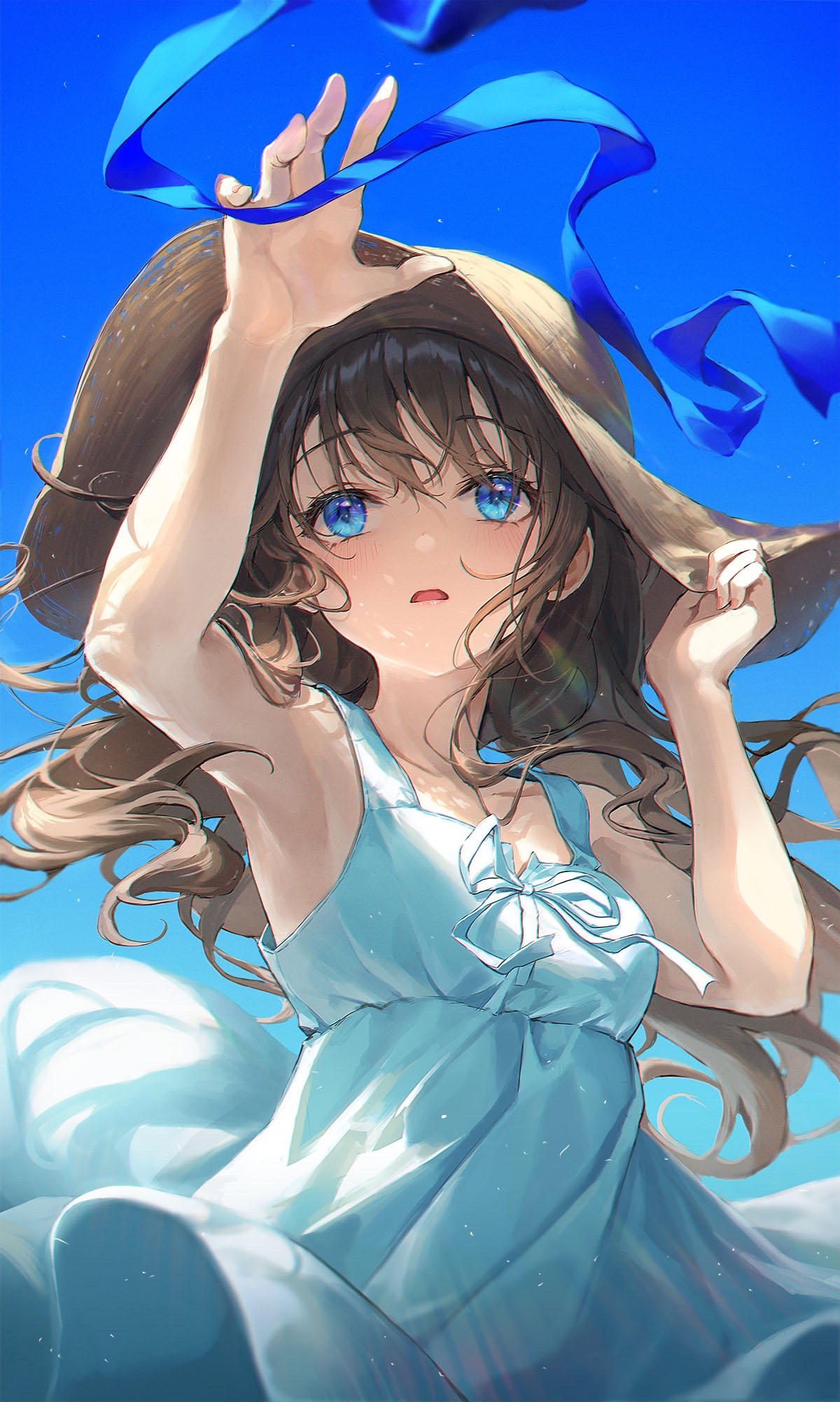Girl with blue eyes and straw hat under blue sky HD Phone Wallpaper