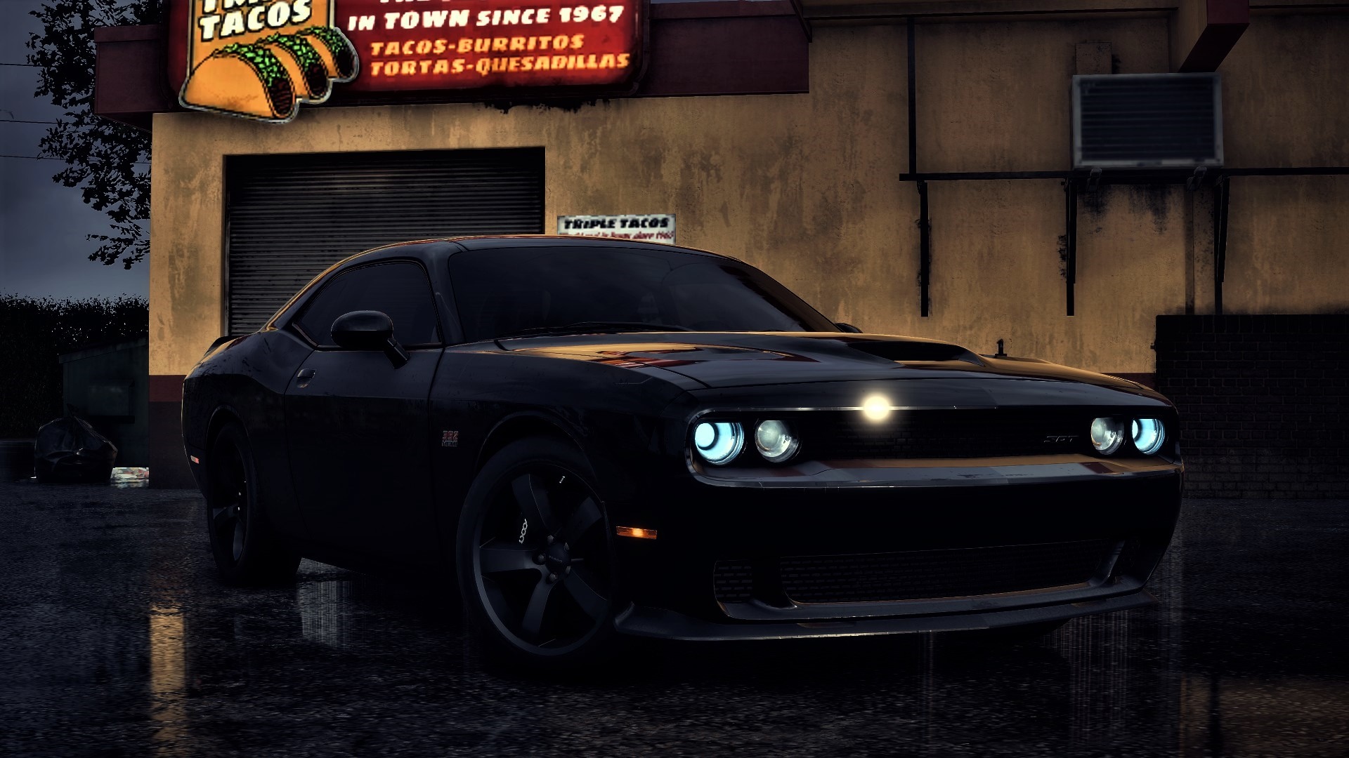 Black Dodge Challenger in front of Triple Tacos HD Wallpaper
