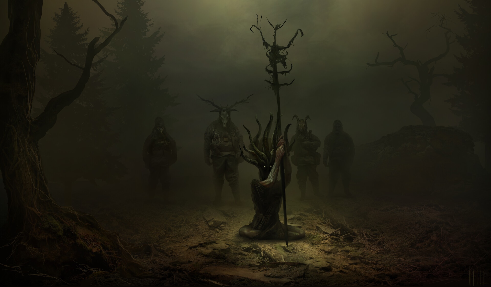 Figures in gas masks and a central figure with a staff in a misty forest HD Wallpaper