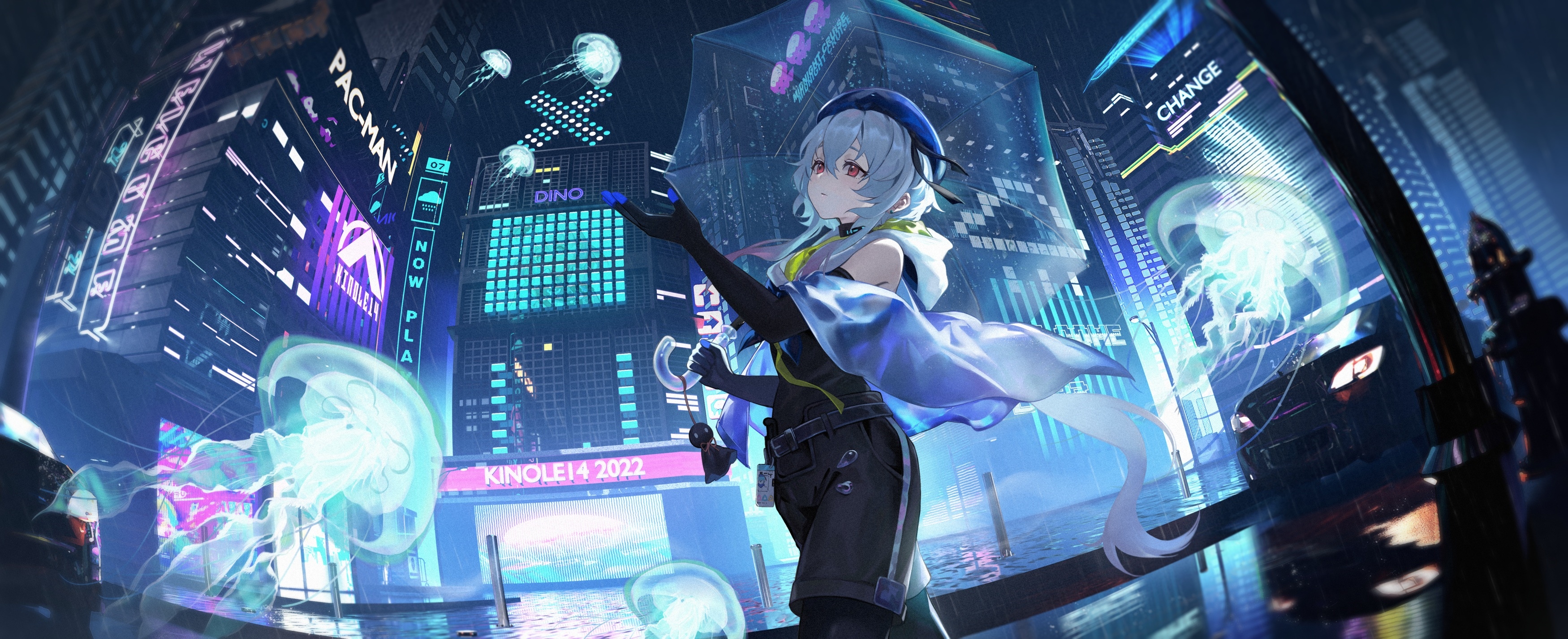 Mizuki from Arknights in a rainy cyberpunk city with jellyfish HD Wallpaper
