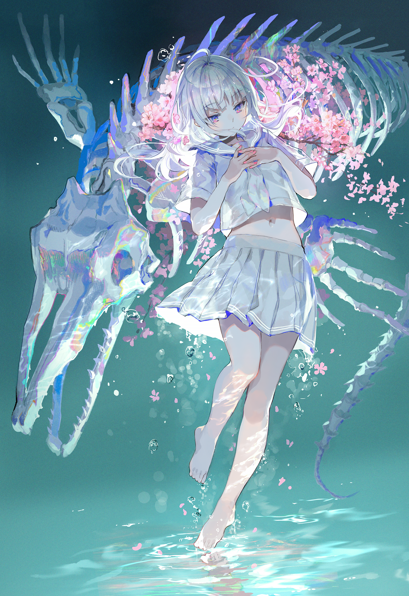 Girl with white hair and cherry blossoms near a skeleton HD Phone Wallpaper