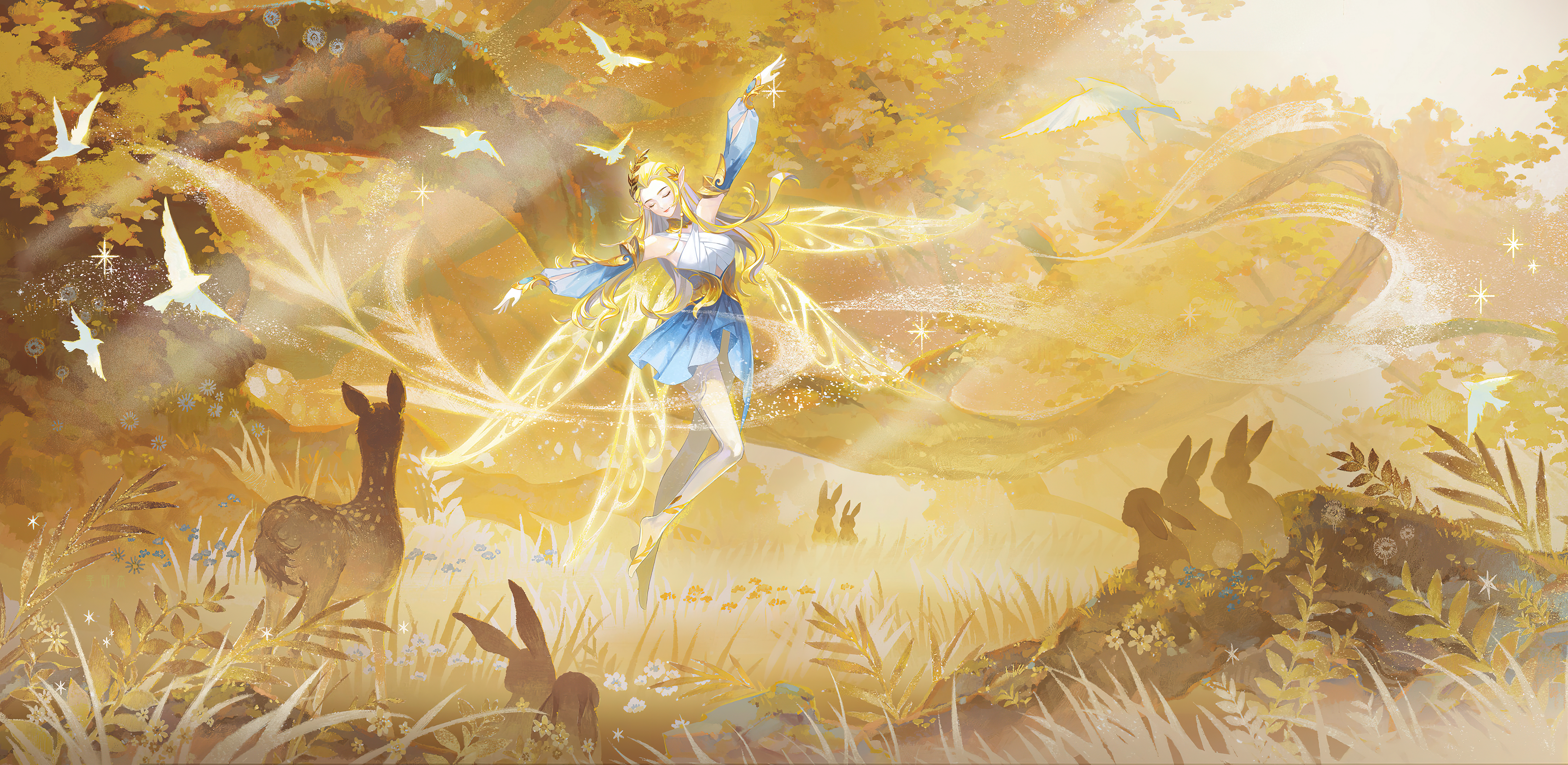 Fairy in a golden forest with animals HD Wallpaper