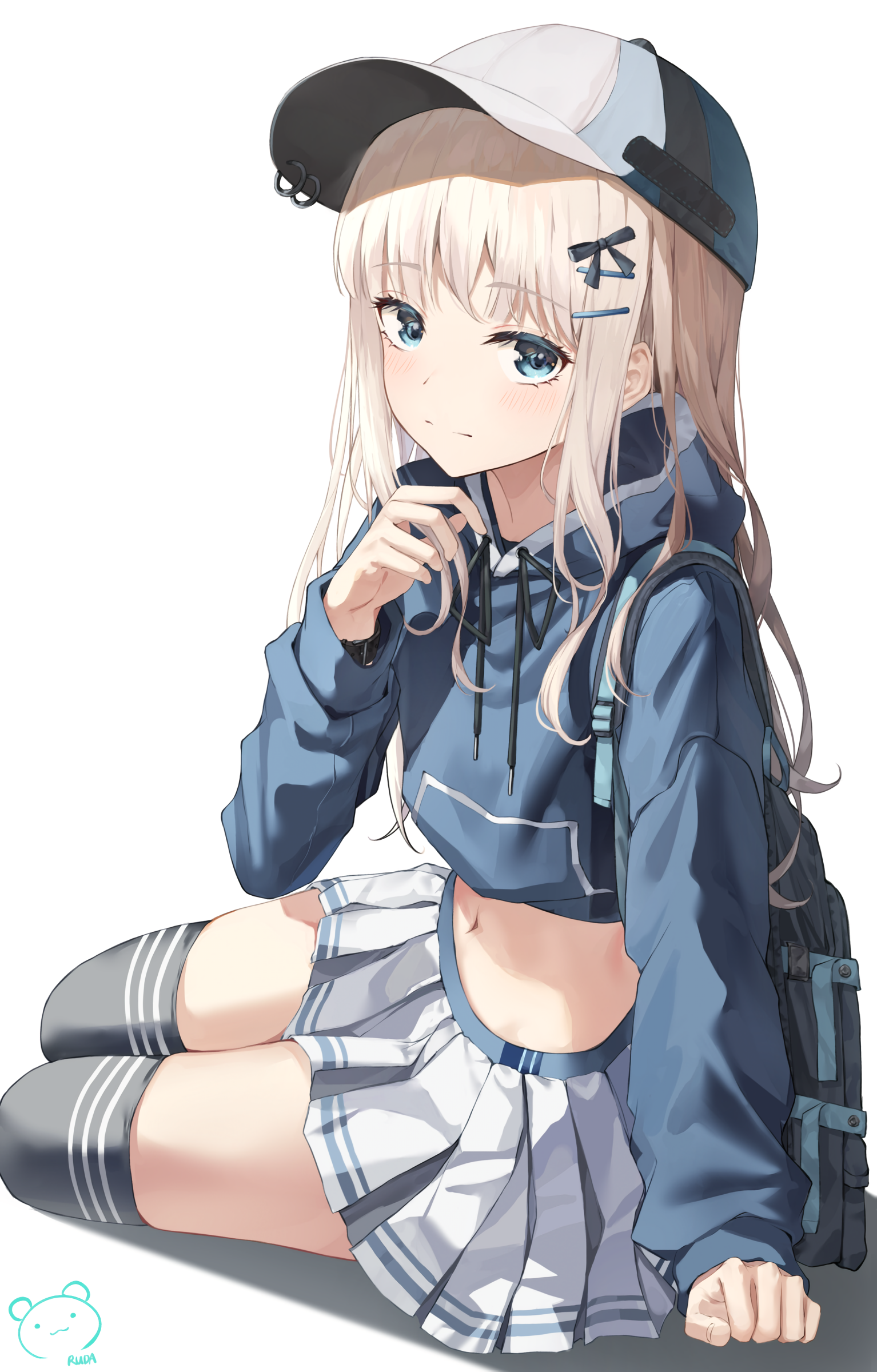 Anime girl with blue eyes wearing a blue hoodie and skirt HD Phone Wallpaper