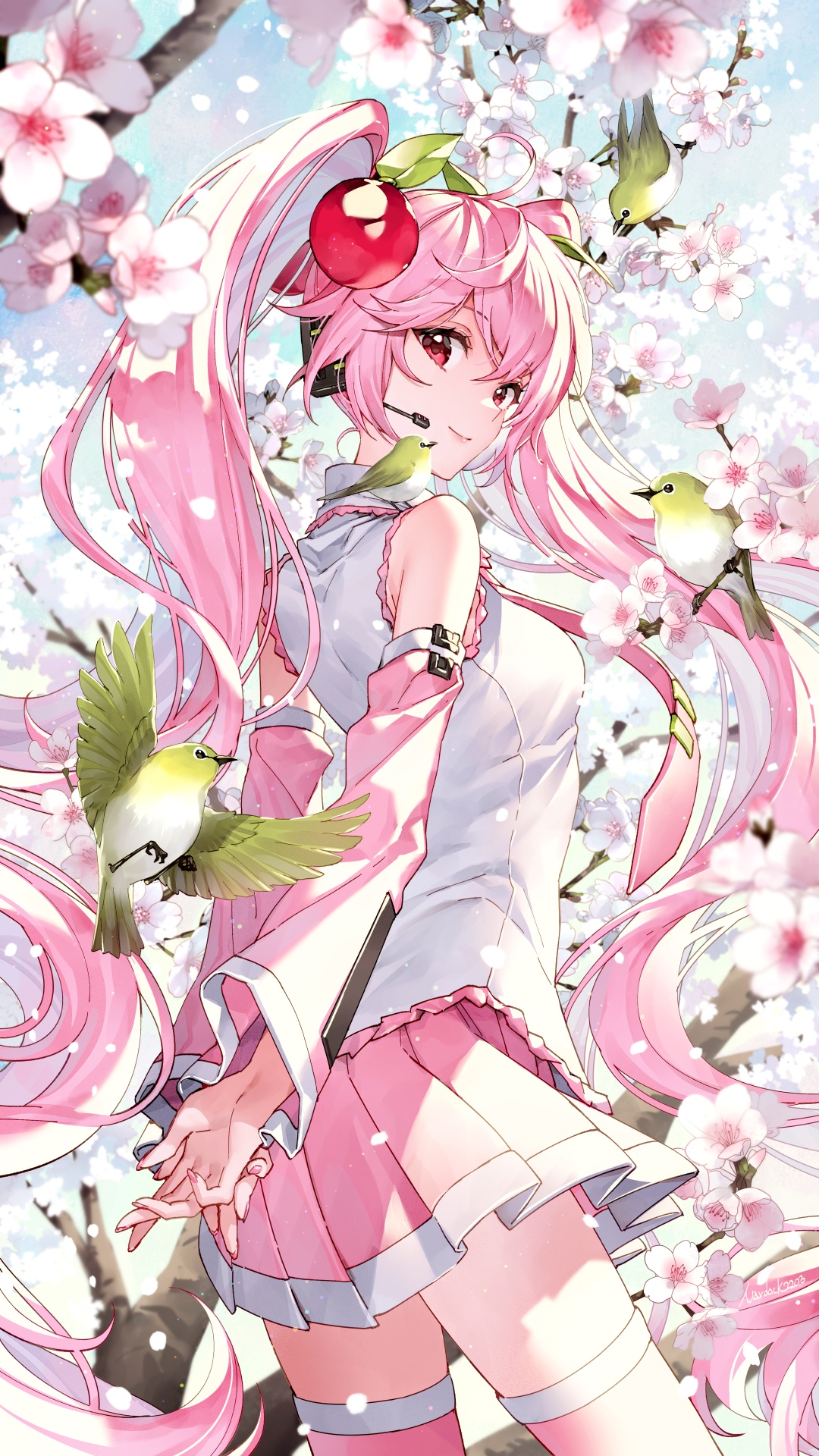 Sakura Miku with Birds and Cherry Blossoms HD Phone Wallpaper