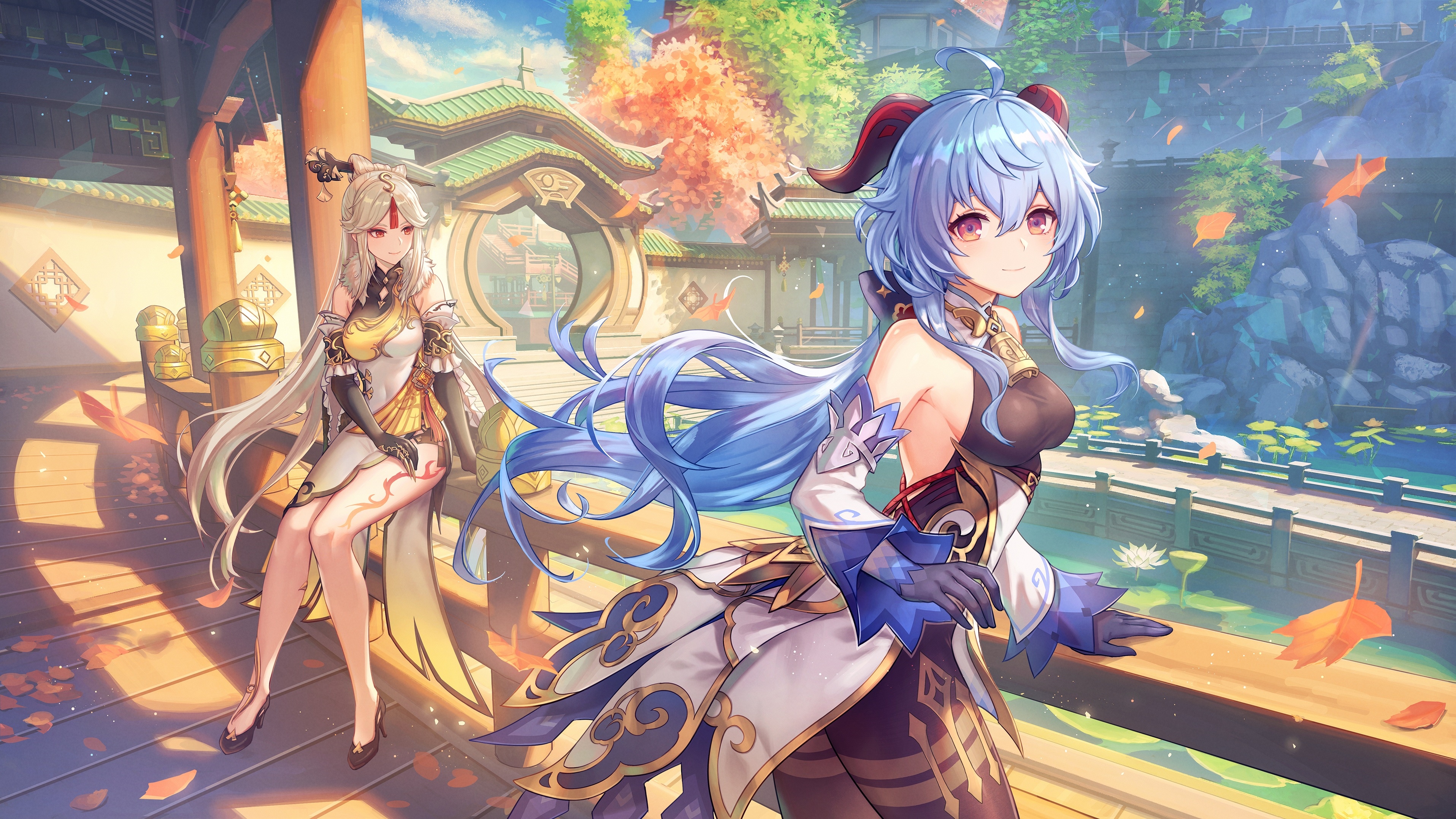 Genshin Impact: Ningguang and Ganyu in a Courtyard HD Wallpaper