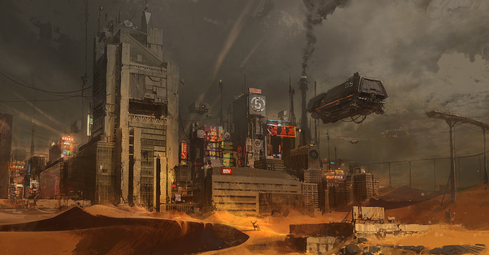 Futuristic desert city with flying vehicle HD Wallpaper