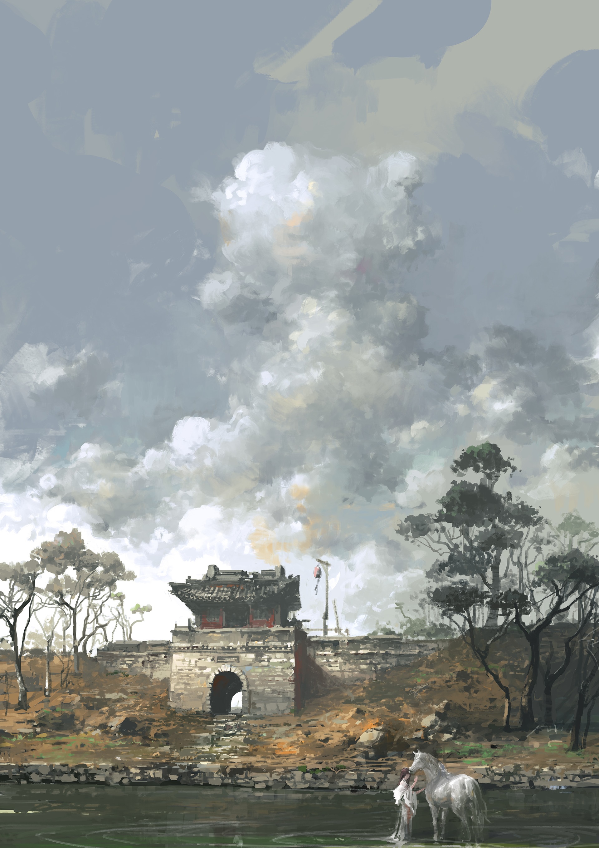 A woman and a horse by a Chinese gate HD Phone Wallpaper