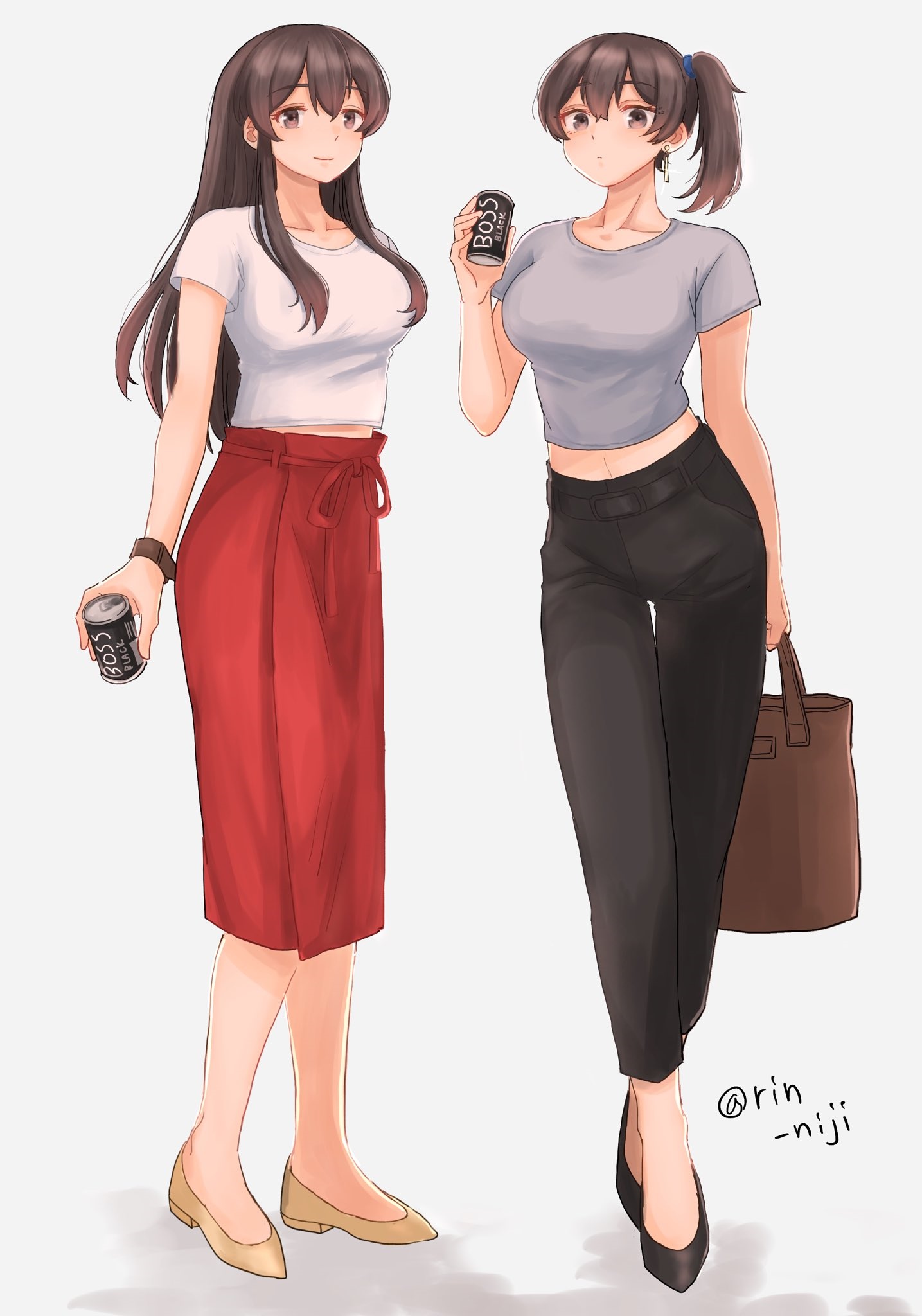 Two anime women holding cans of BOSS coffee HD Phone Wallpaper