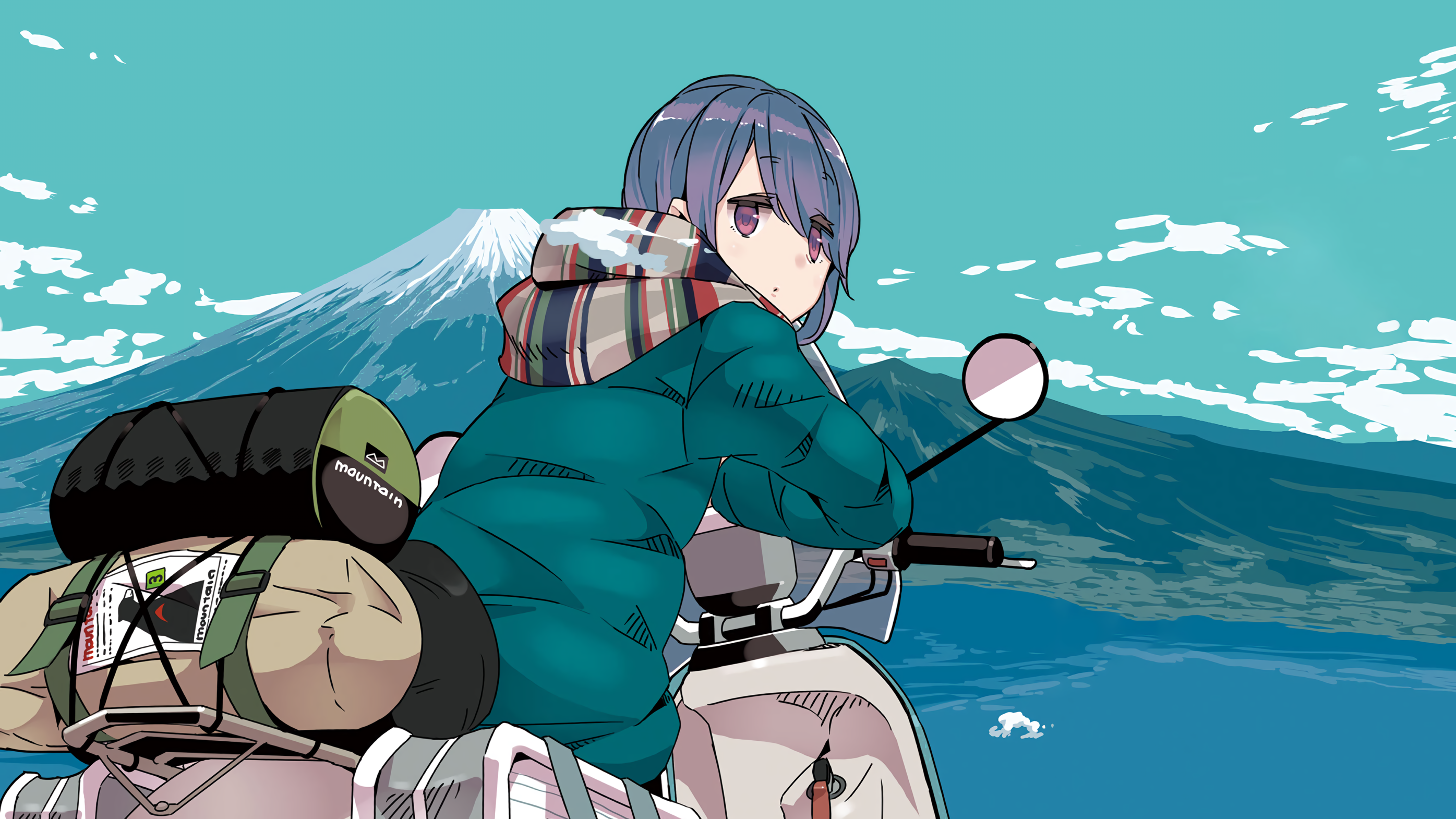 Rin Shima on a scooter with luggage and Mt. Fuji HD Wallpaper