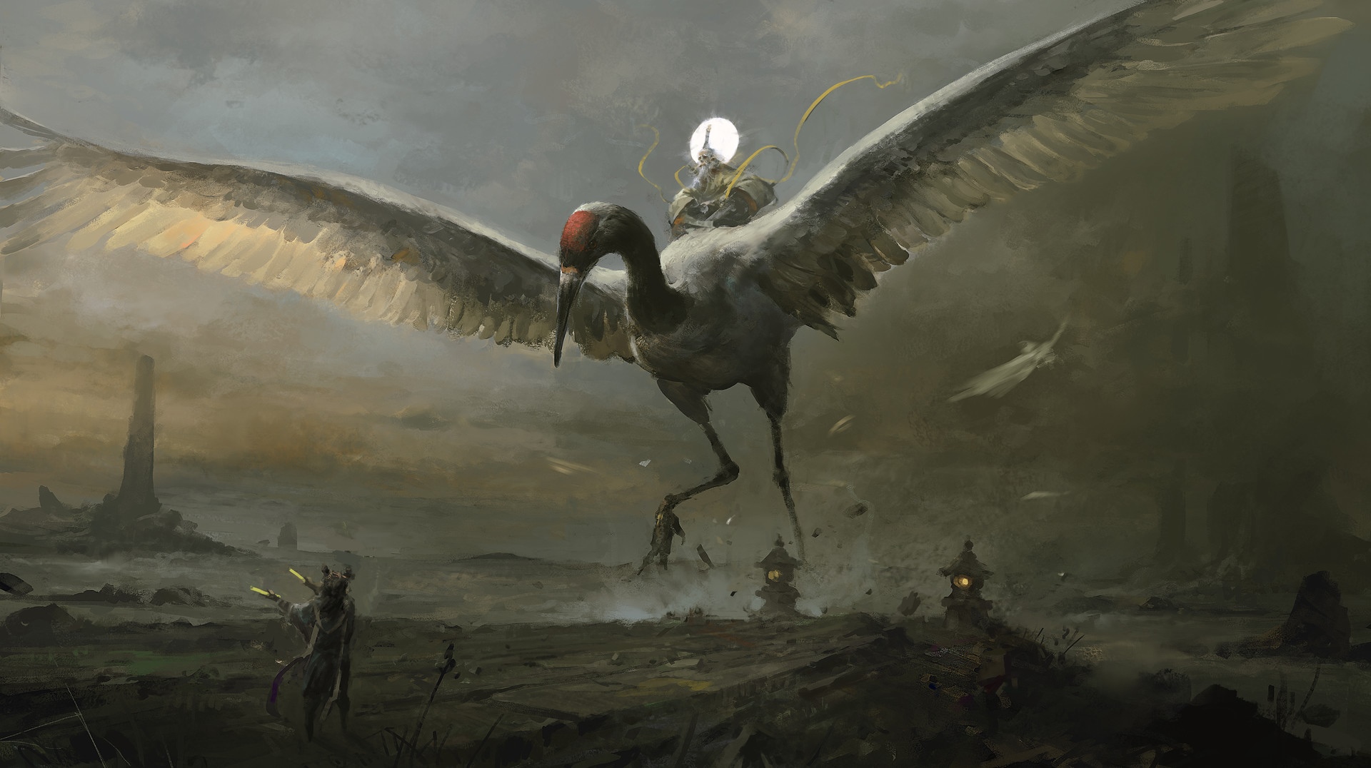 Fantasy art of a rider on a crane landing HD Wallpaper