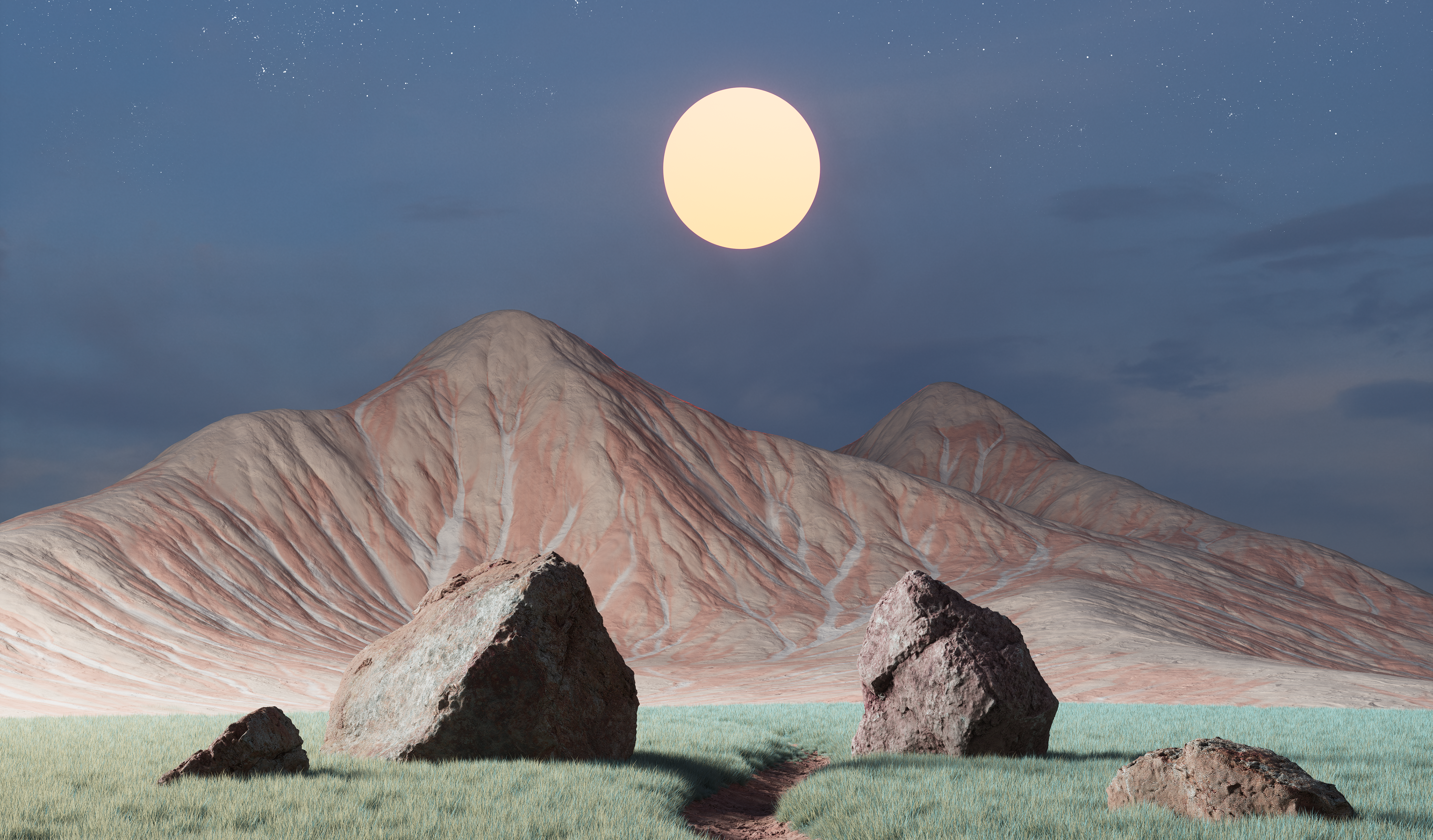 4K night landscape with mountains, sun, and rocks HD Wallpaper