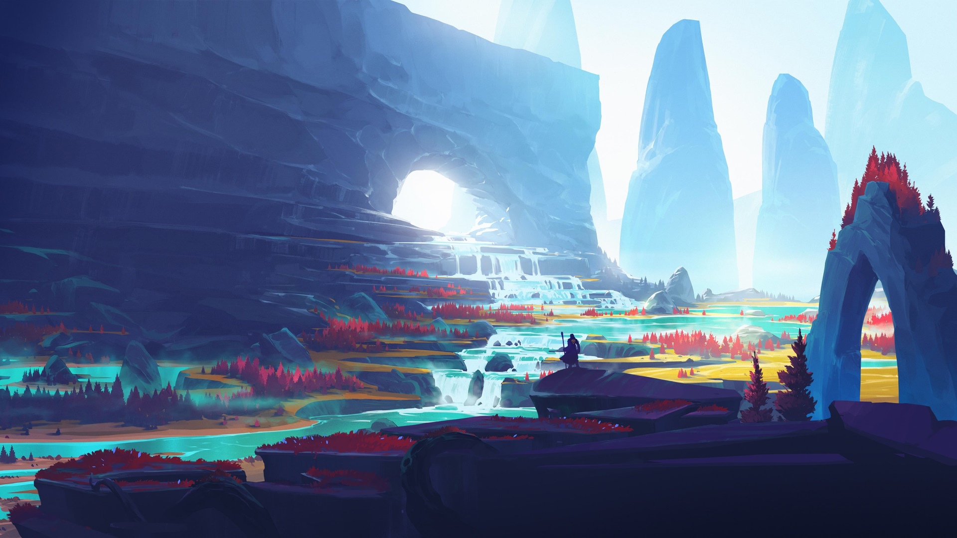 Fantasy landscape with waterfalls and a lone figure HD Wallpaper