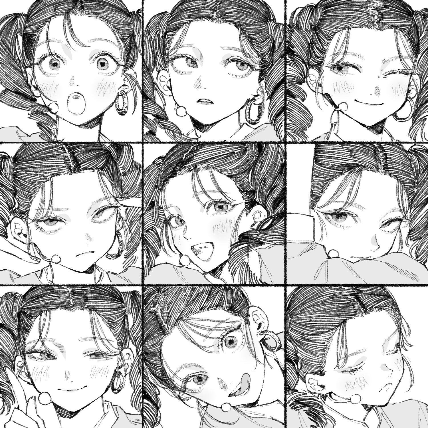 Manga style portraits of a girl with pigtails showing different emotions HD Wallpaper