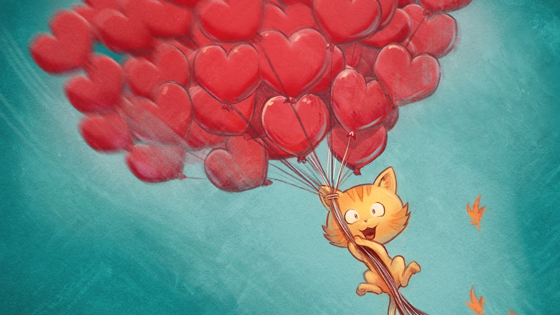 A cat flies with heart-shaped balloons HD Wallpaper