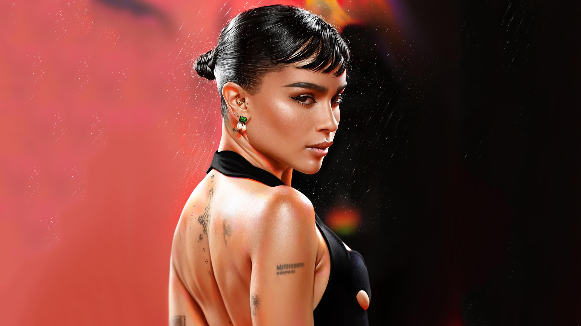 Zoë Kravitz in a black dress with tattoos HD Wallpaper