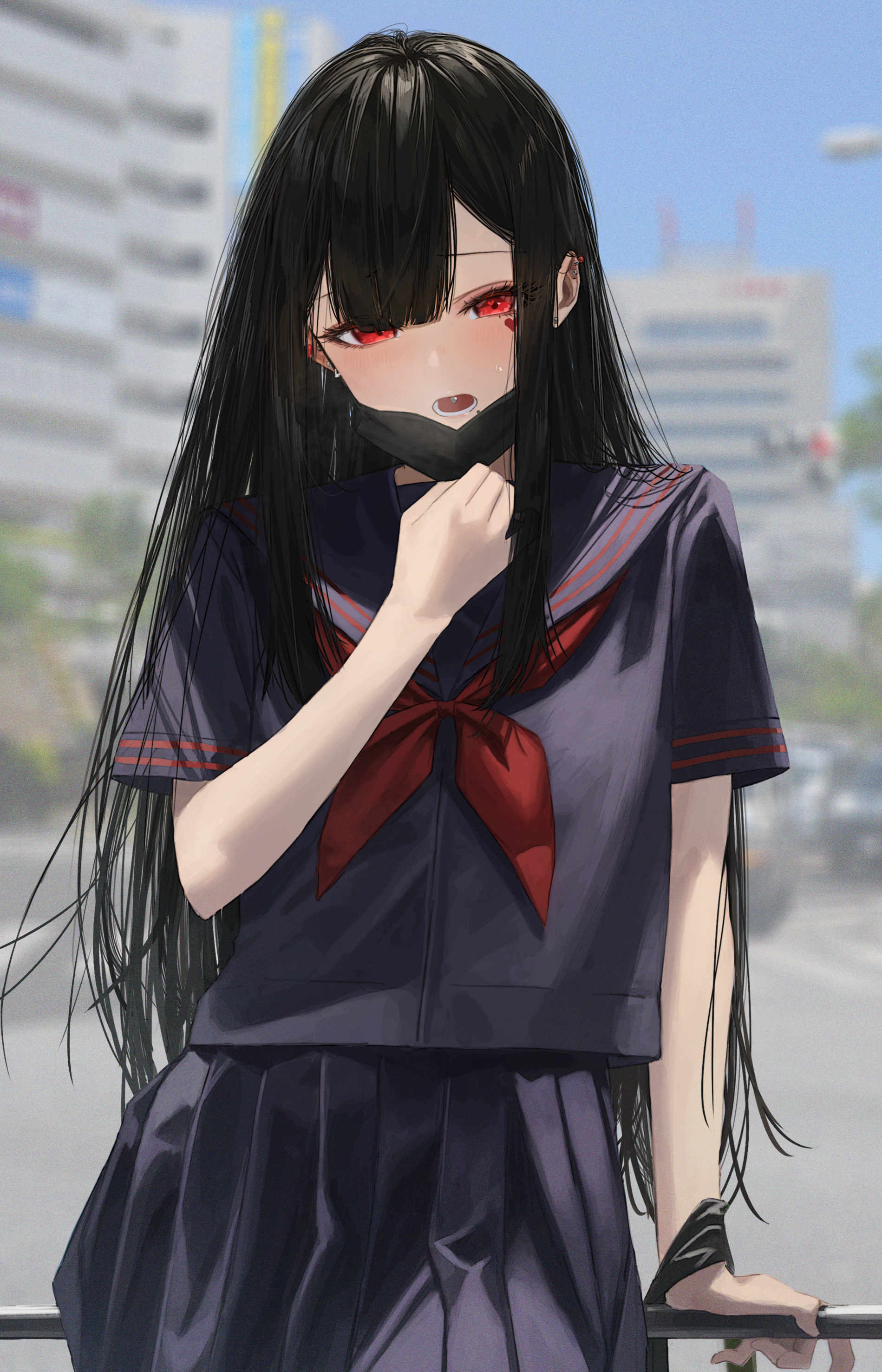 Anime schoolgirl with red eyes and black hair HD Phone Wallpaper