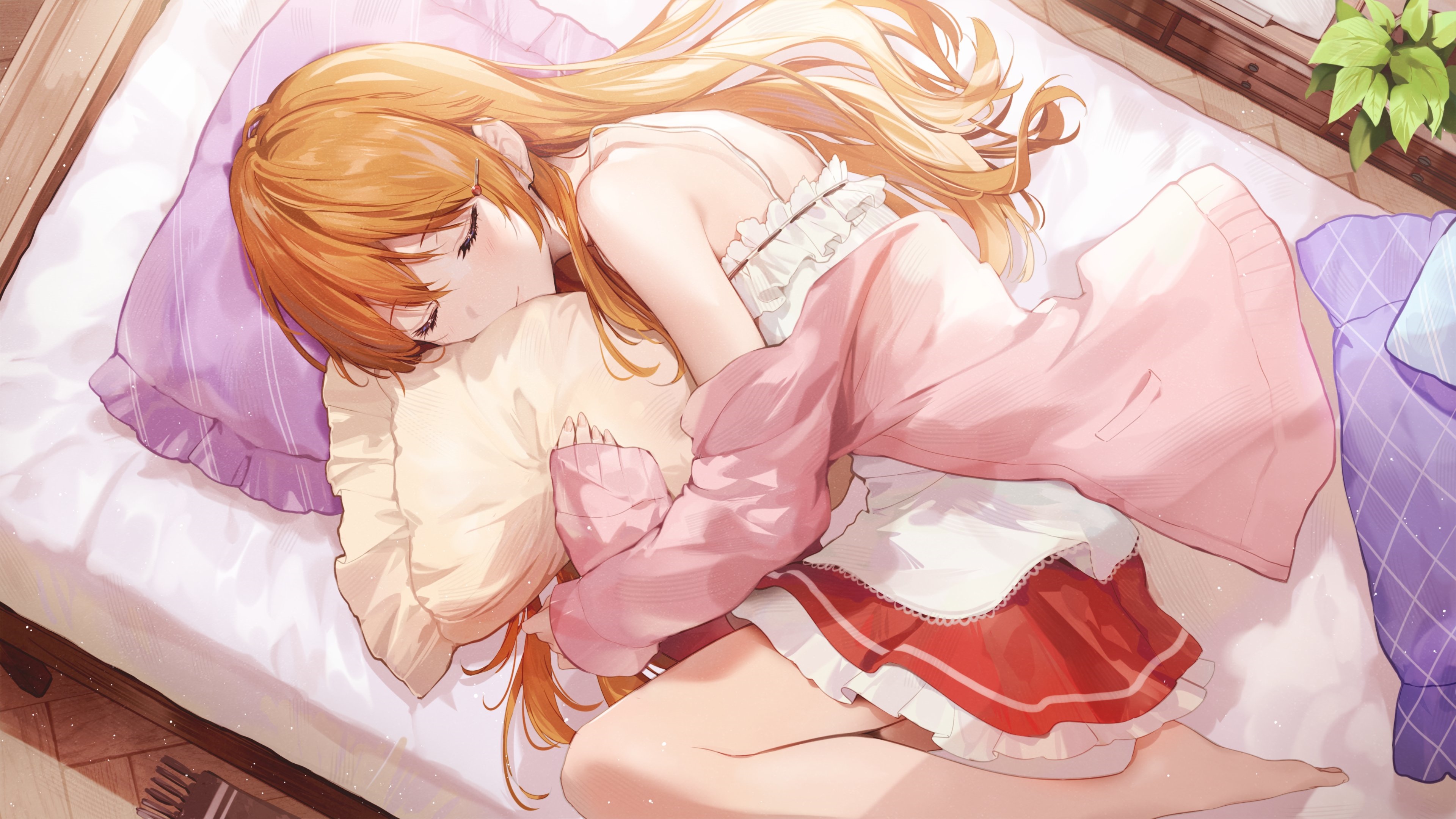 Redhead girl sleeping on a bed HD Wallpaper