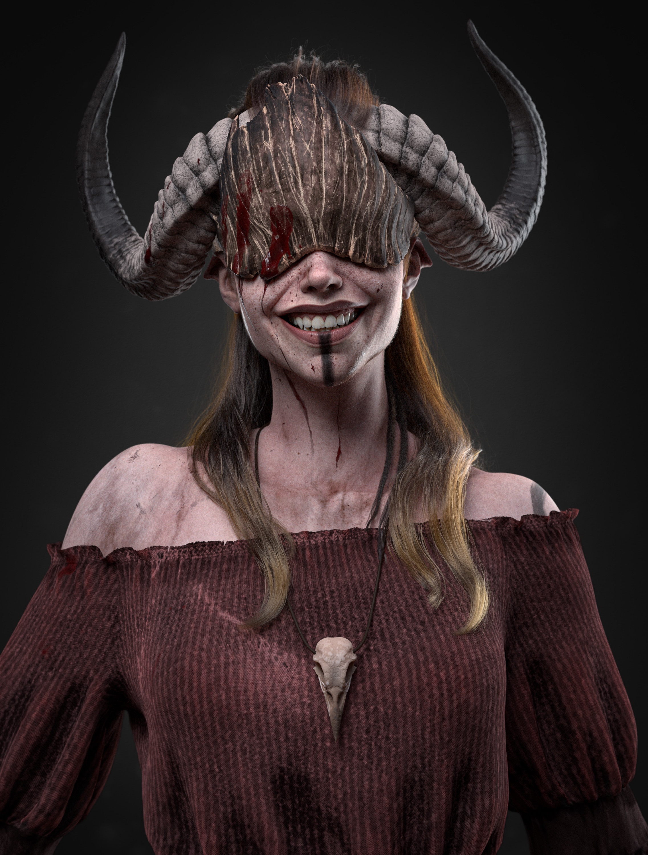 Fantasy girl with horns and a bird skull necklace HD Phone Wallpaper