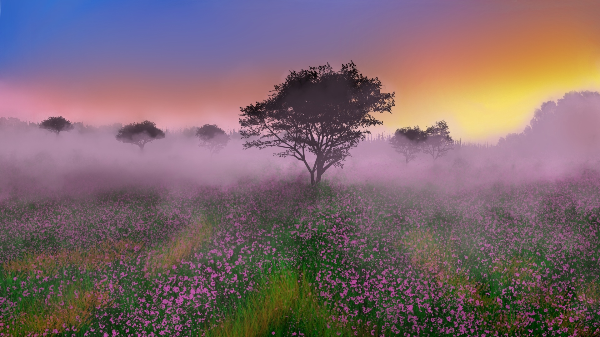 Digital painting of a misty landscape with flowers and trees HD Wallpaper
