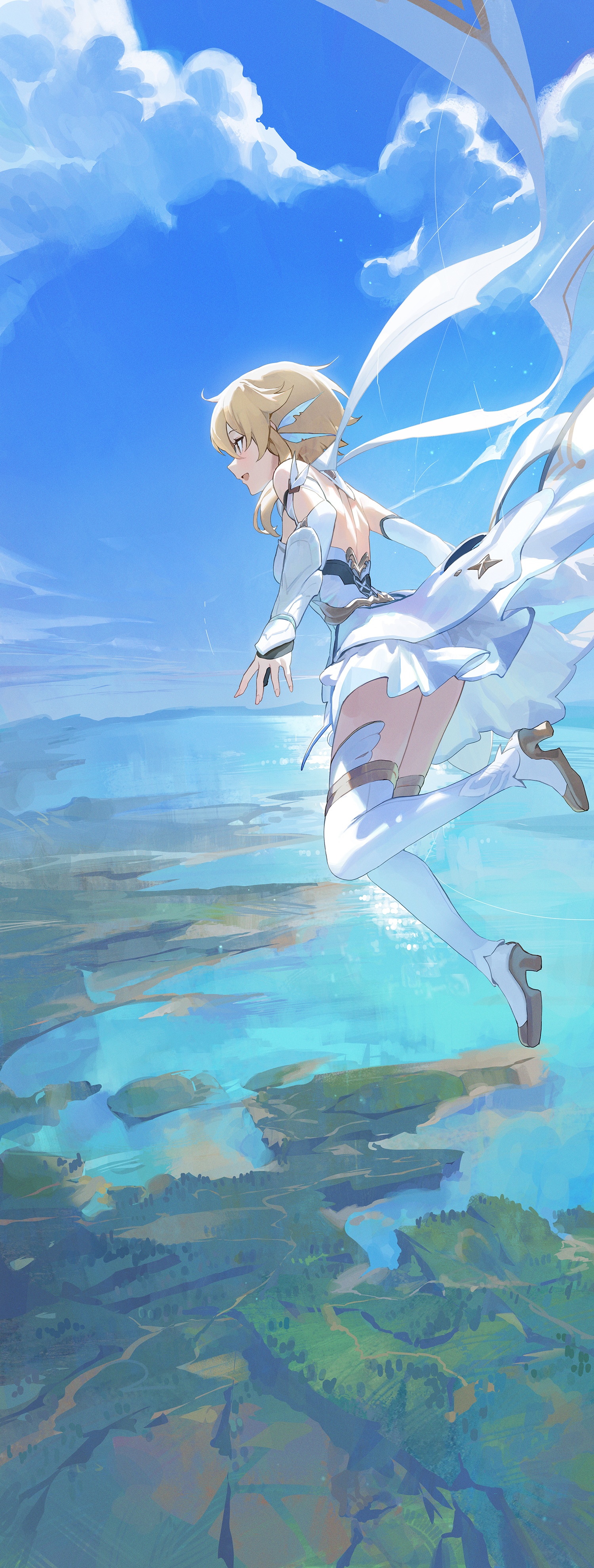 Genshin Impact Lumine Flying Over Landscape HD Phone Wallpaper