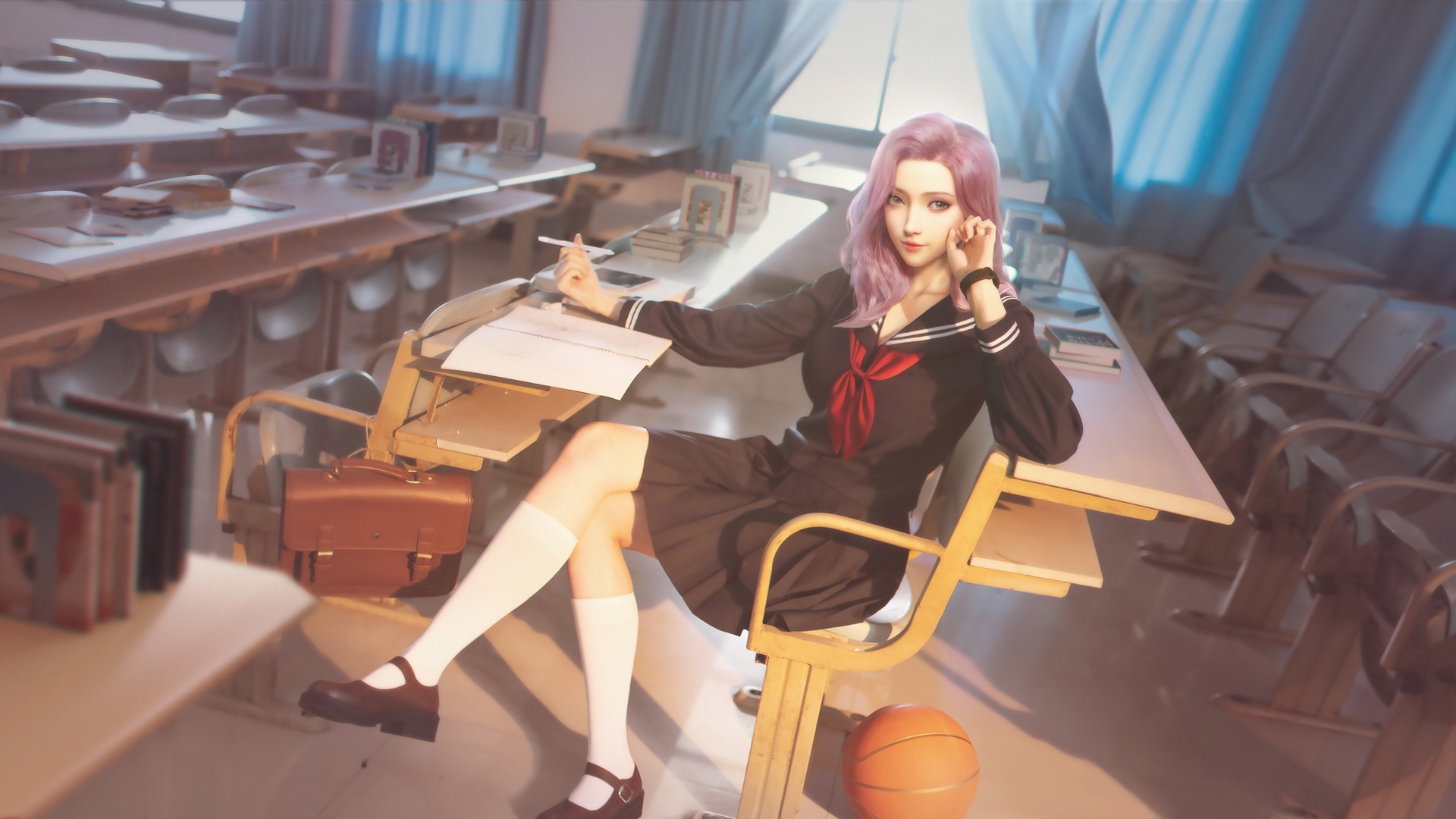 Schoolgirl with pink hair in a classroom HD Wallpaper