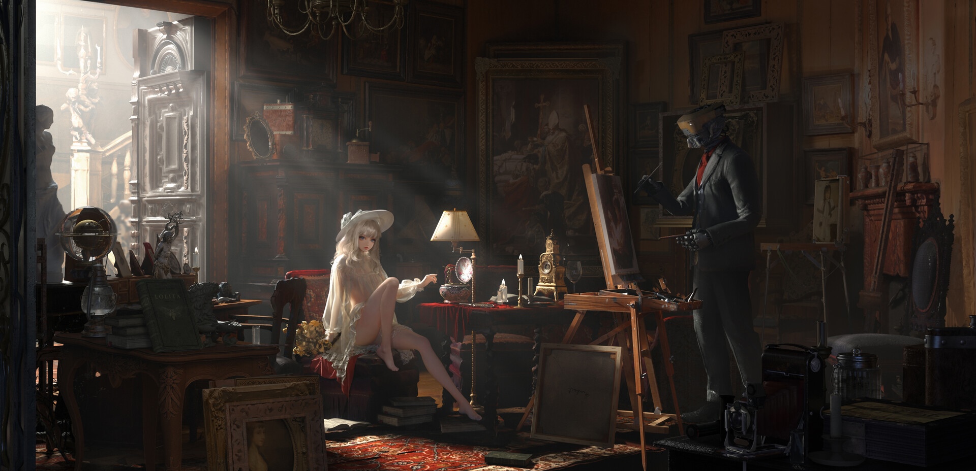 Robot painting a woman in a hat indoors HD Wallpaper