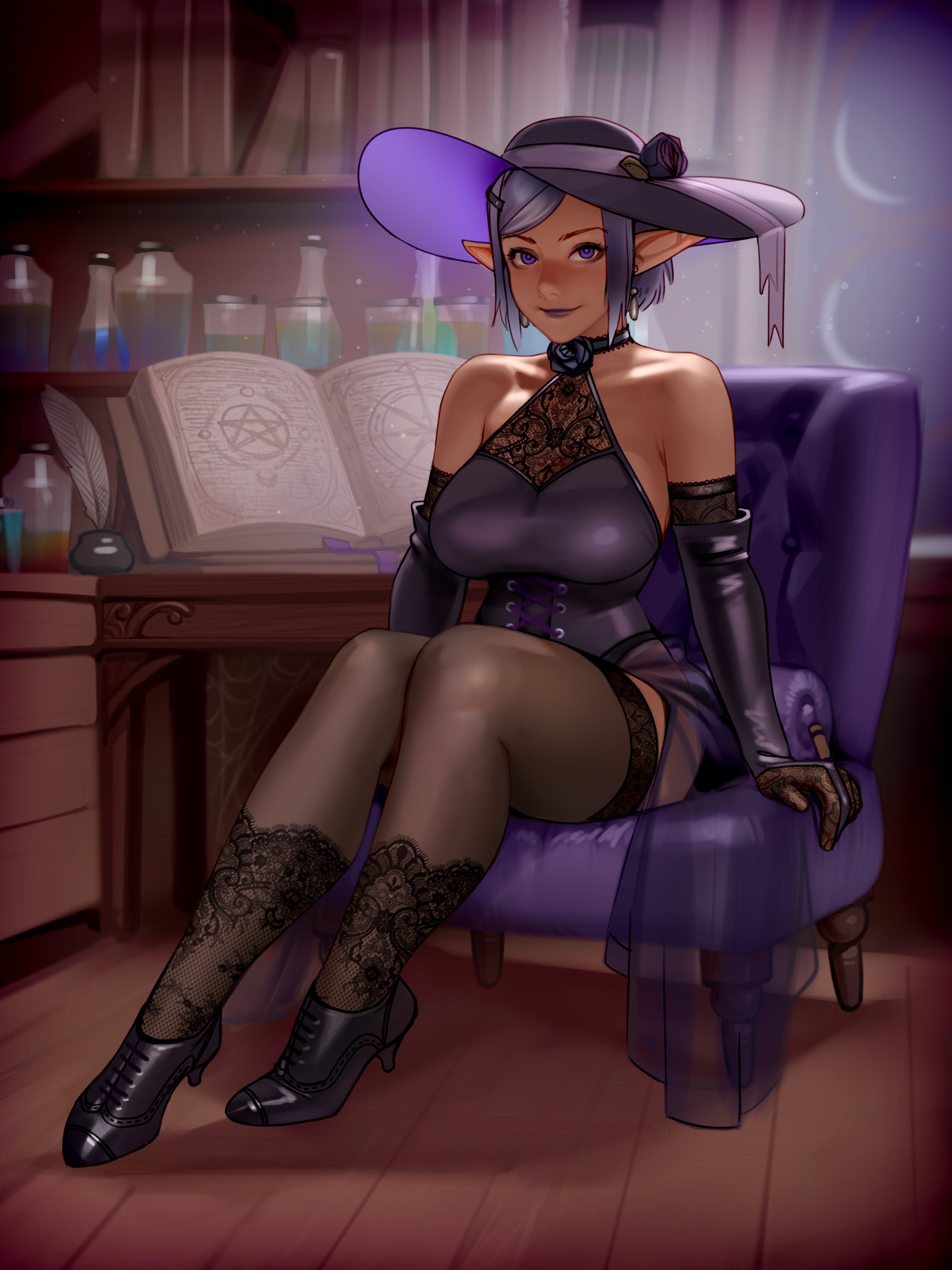 Elf witch in purple attire sitting in a chair HD Phone Wallpaper