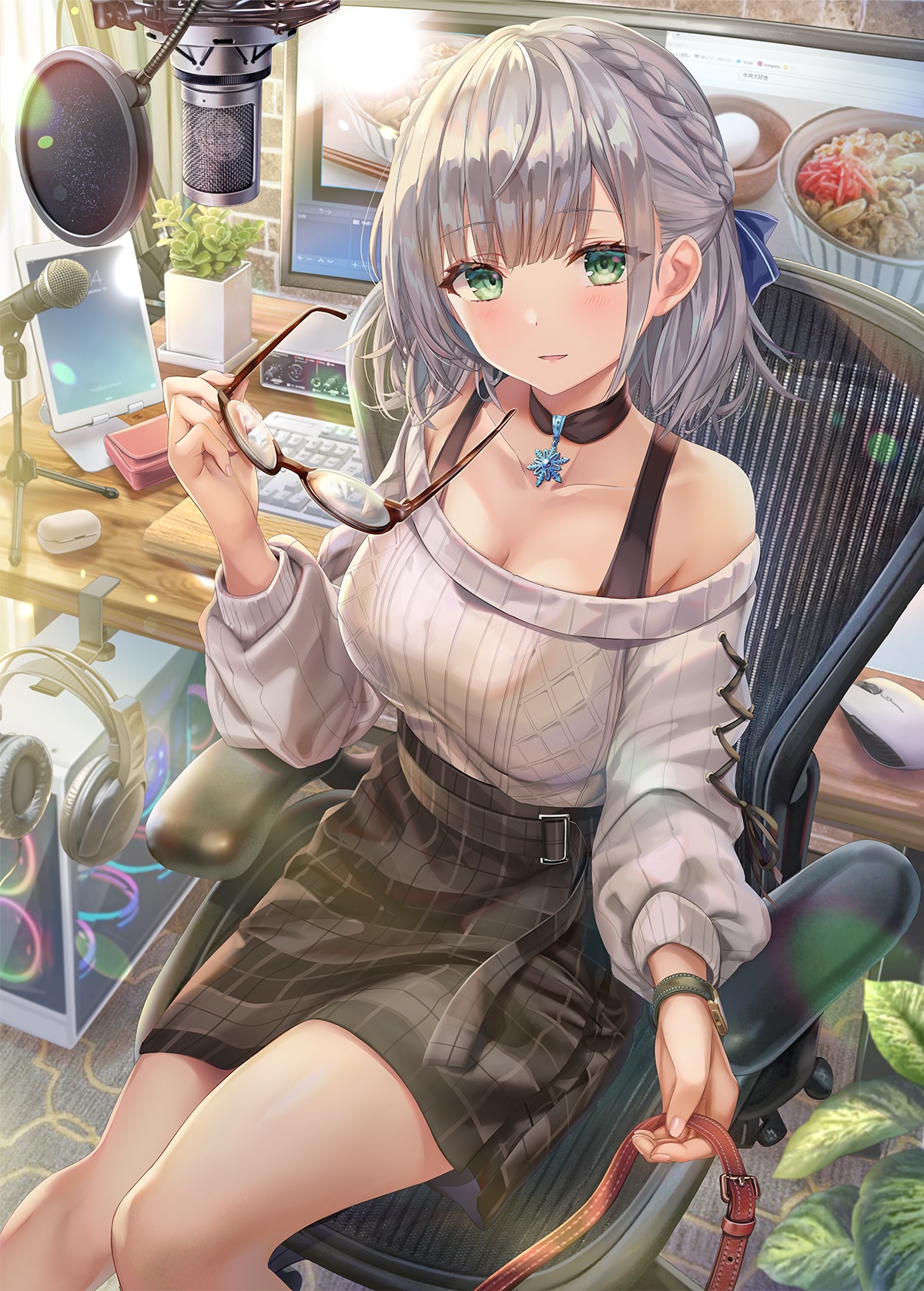 Shirogane Noel sitting at a desk with a microphone HD Phone Wallpaper